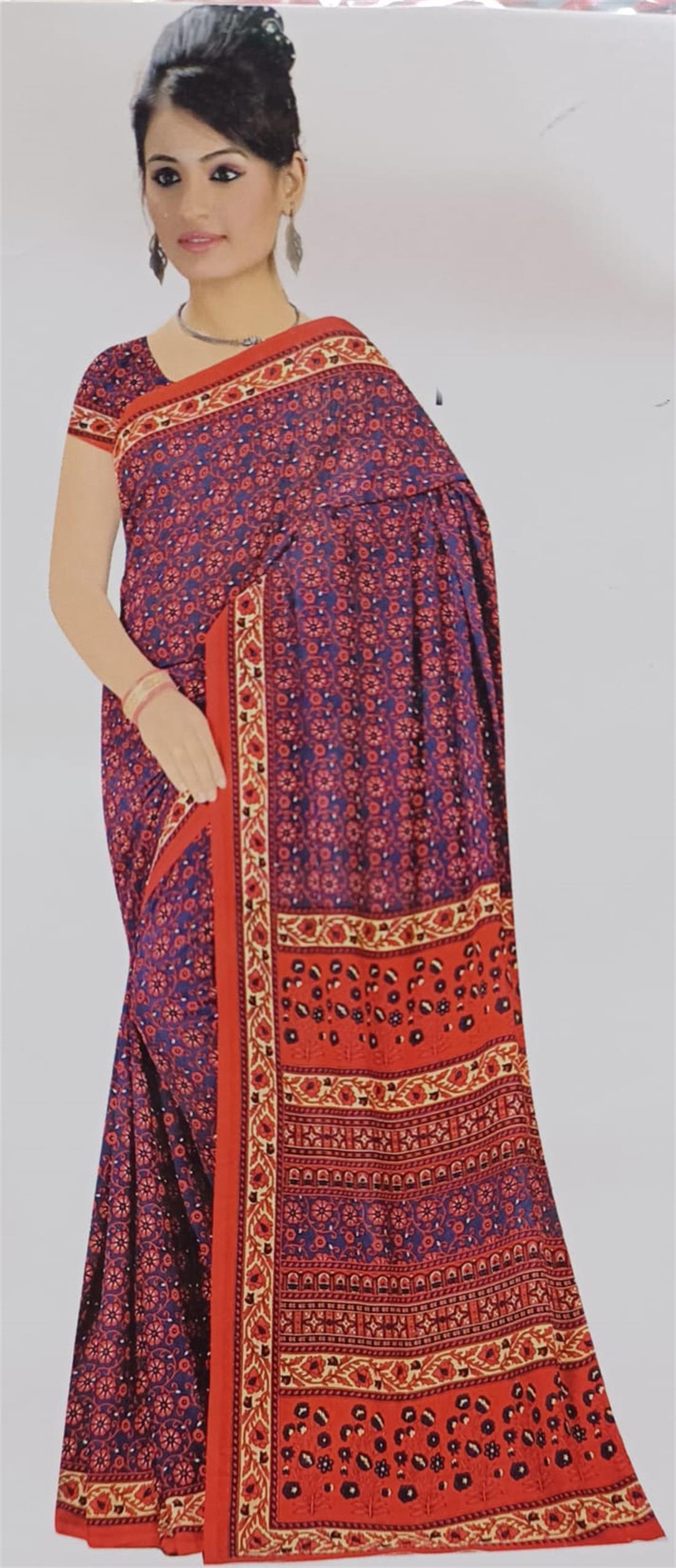 Grey & Red Georgette Printed Saree with Short Sleeve Blouse