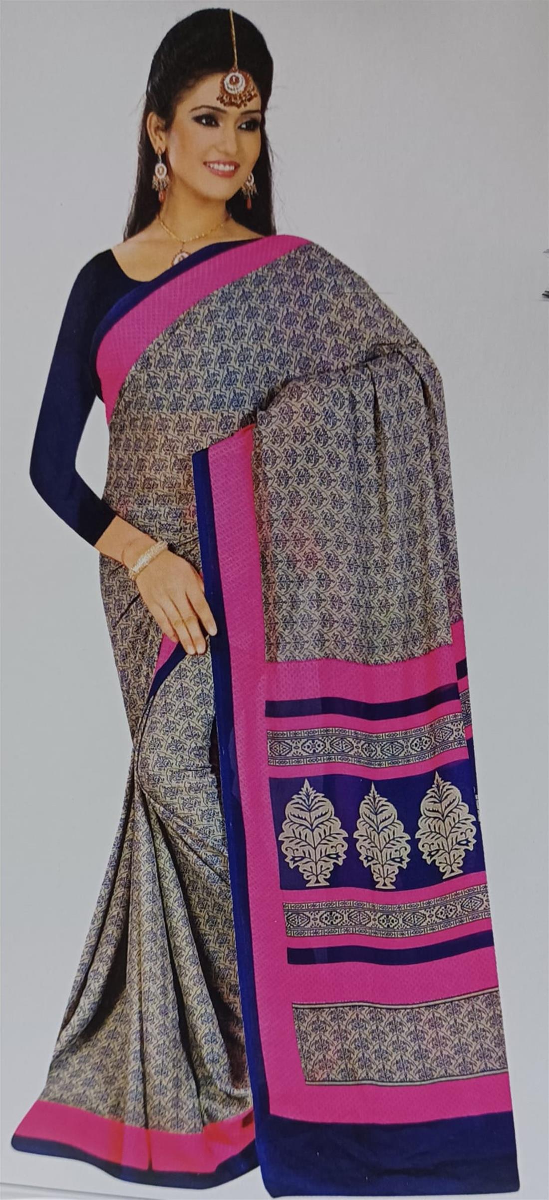 Grey & Pink Georgette Printed Saree with Long Sleeve Blouse