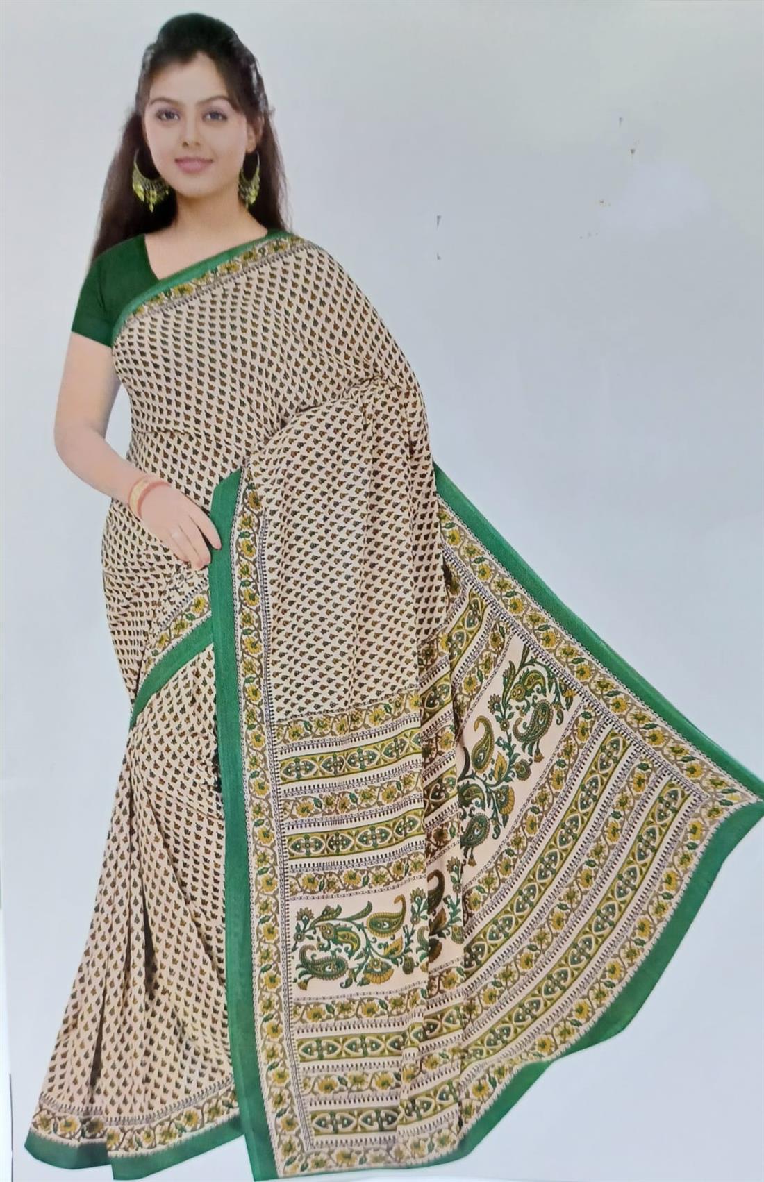 Beige & Green Georgette Printed Saree with Short Sleeve Blouse