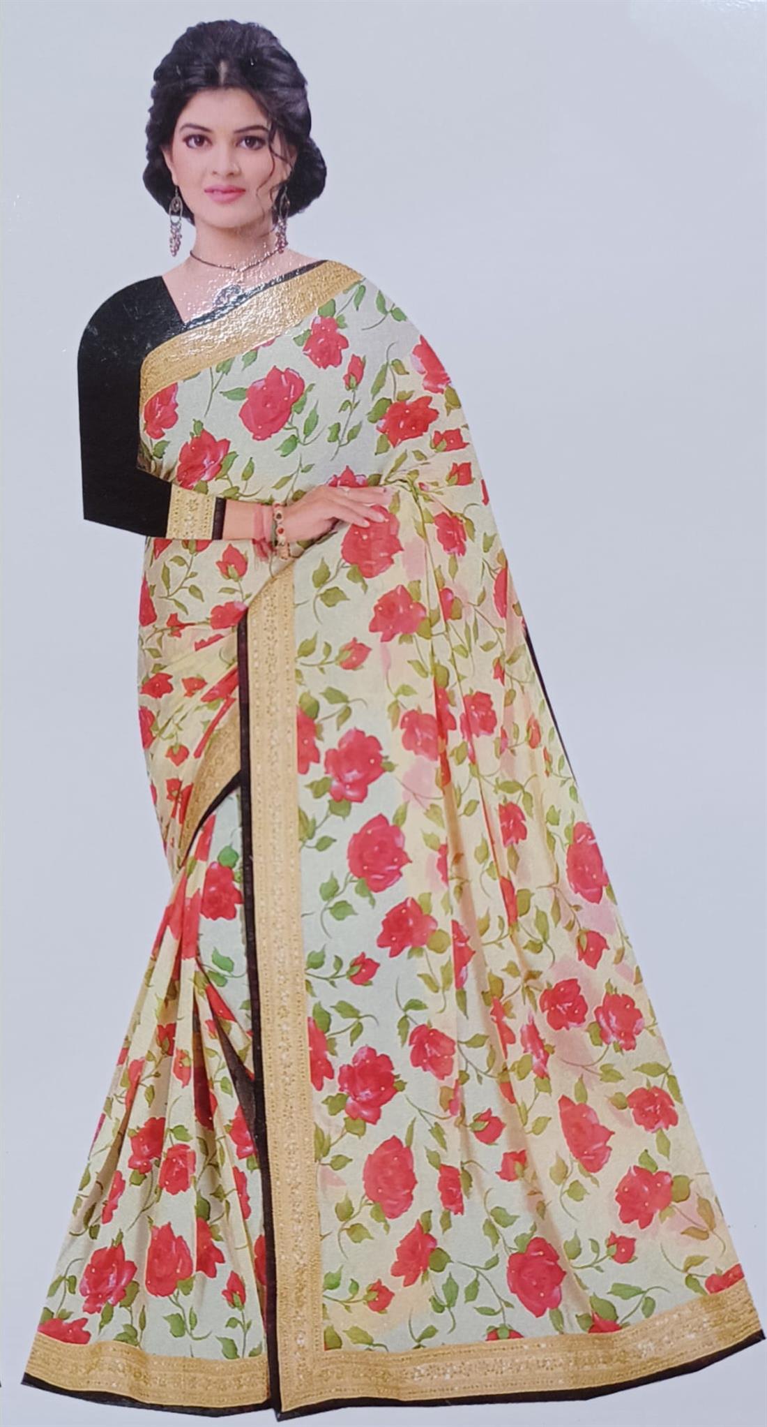 Cream & Red Georgette Sarees