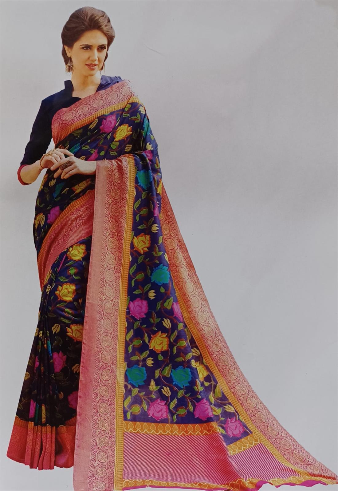 Black & Multicolour Floral Cotton Silk Saree