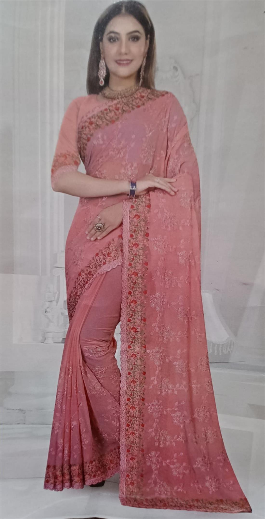 Peach Pink Chiffon Sarees