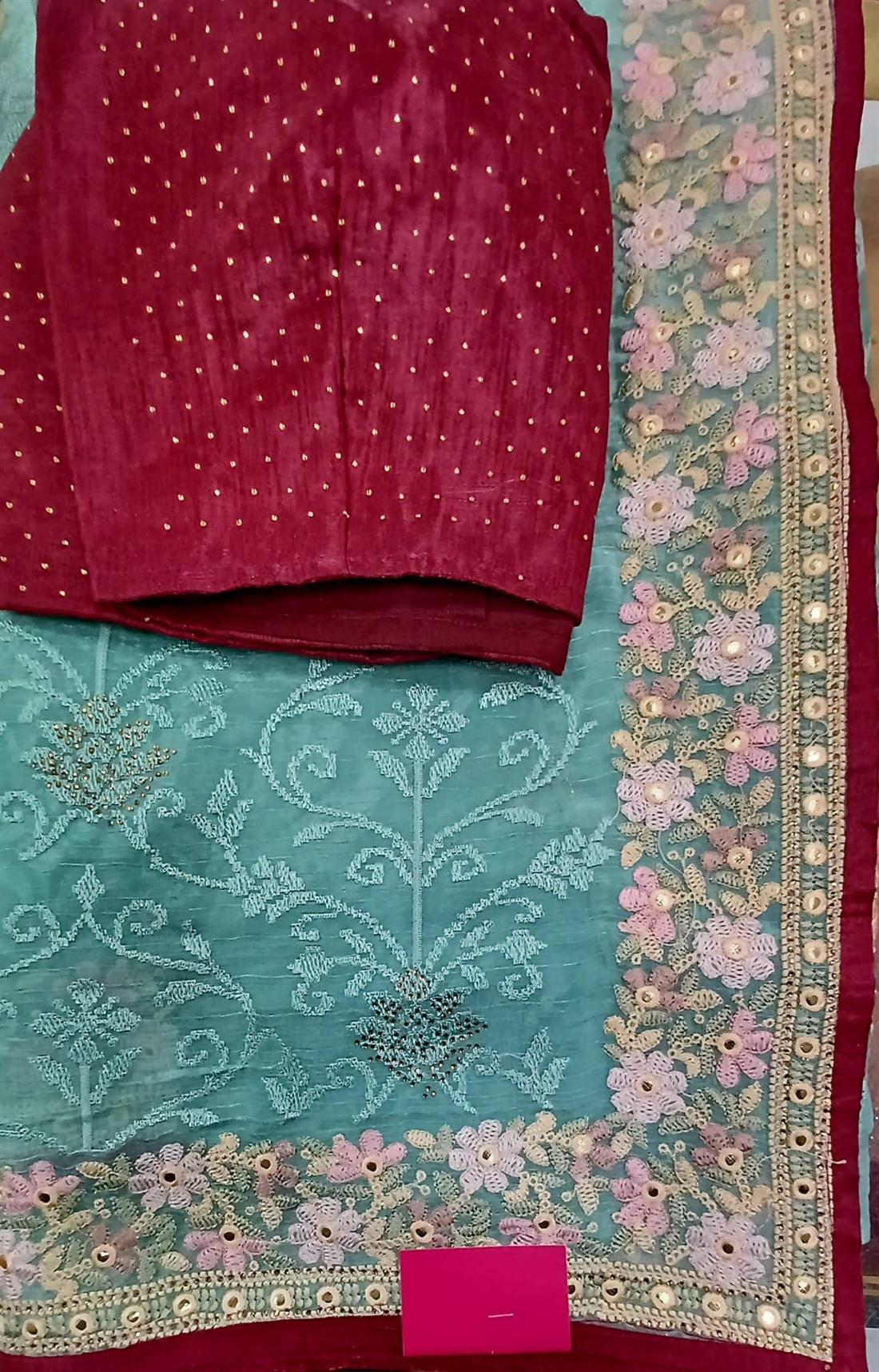 Aqua Blue Organza Saree with Readymade Long Sleeve Blouse