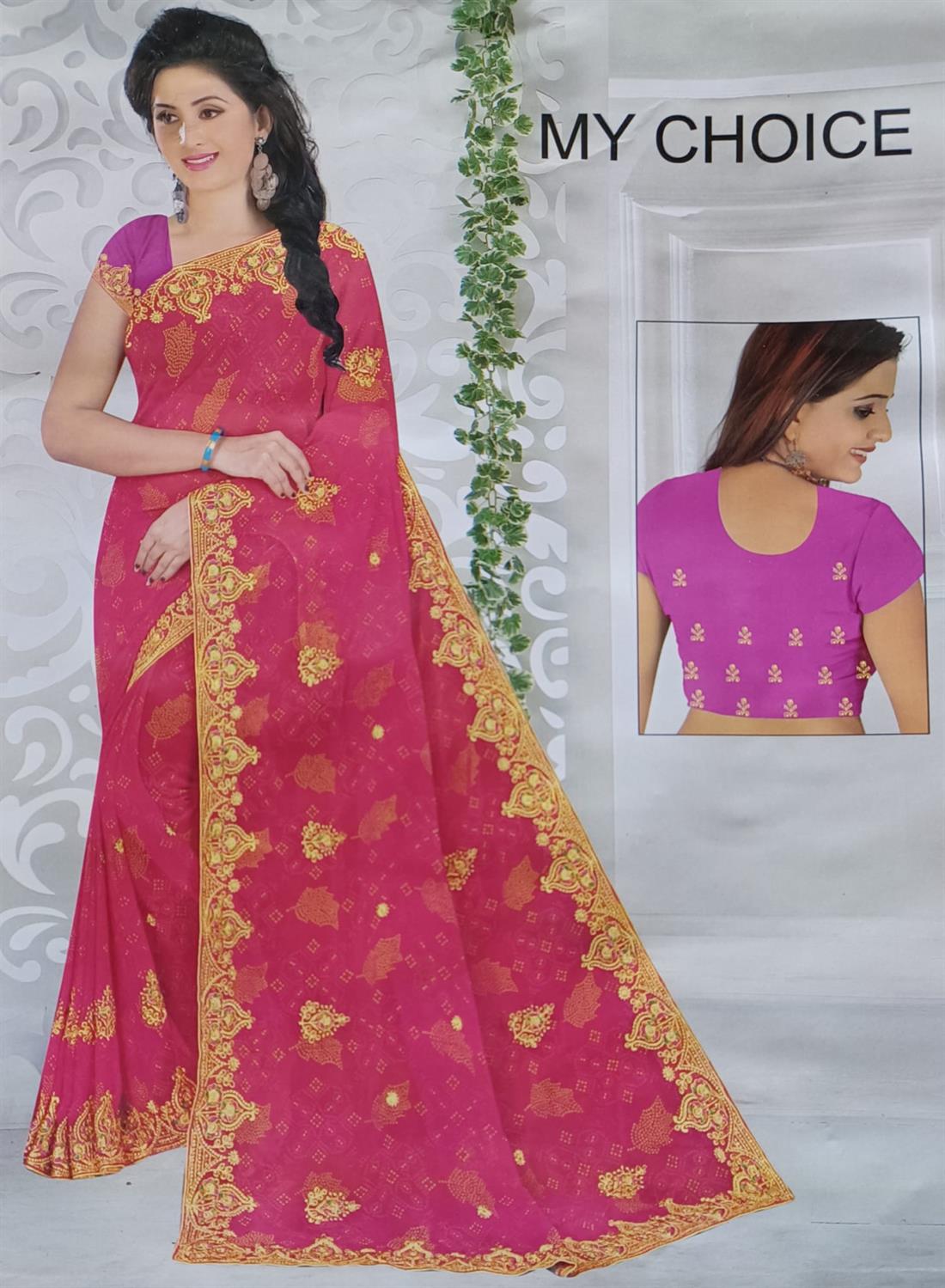 Pink Chunri Print Saree with Readymade Long Sleeve Blouse