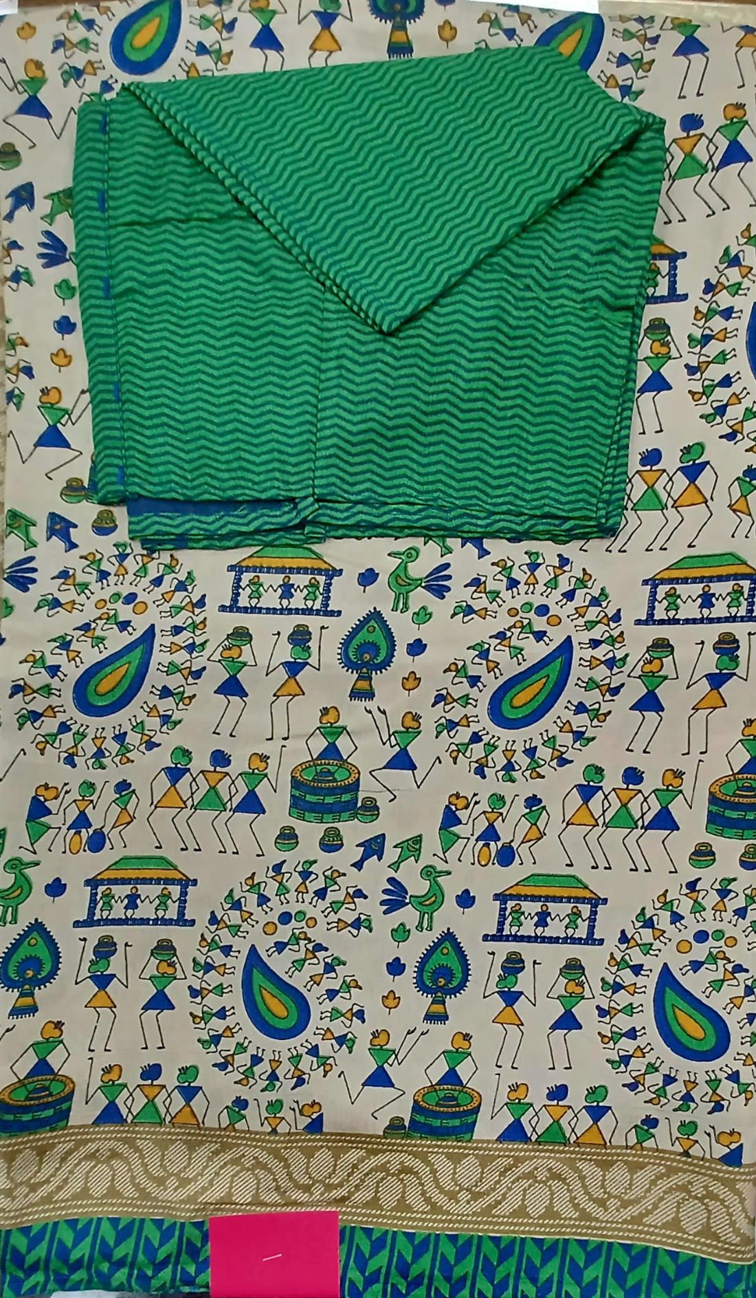 Beige & Green Soft Silk Printed Saree with Readymade Short Sleeve Blouse