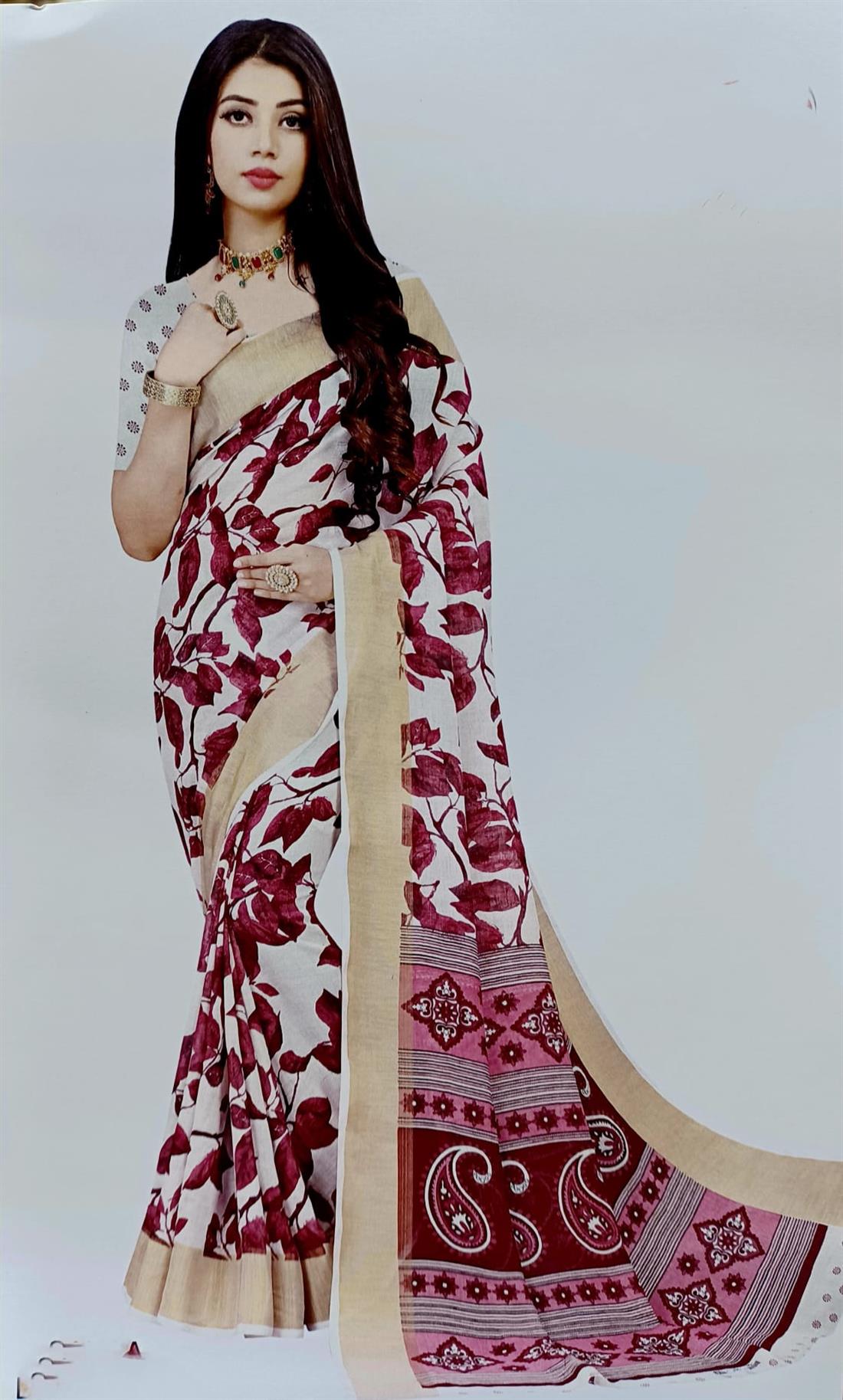 Cream & Plum Cotton Sarees