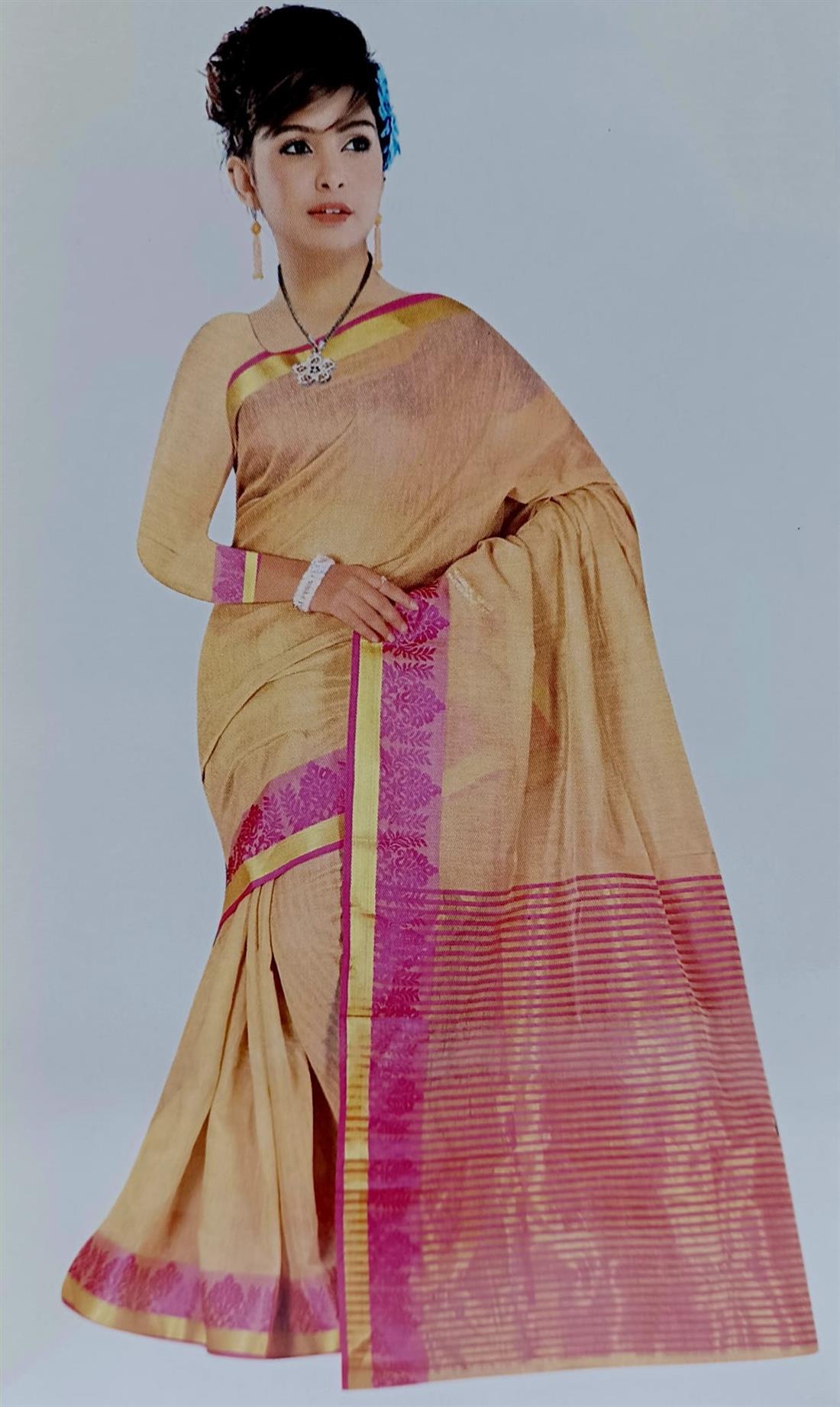 Beige & Pink Cotton Sarees