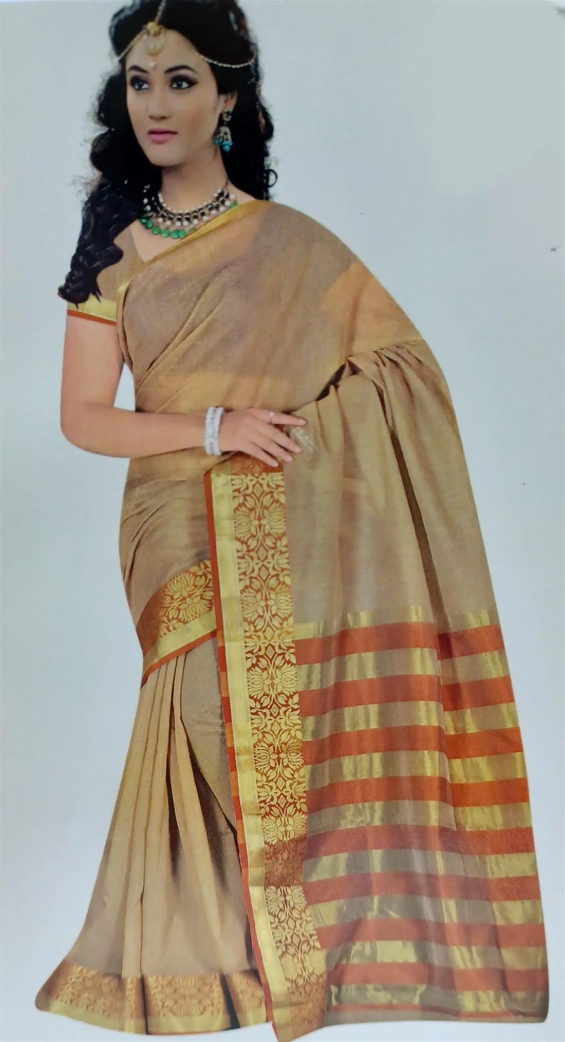 Beige & Rust Soft Cotton Saree with Readymade Long Sleeve Blouse