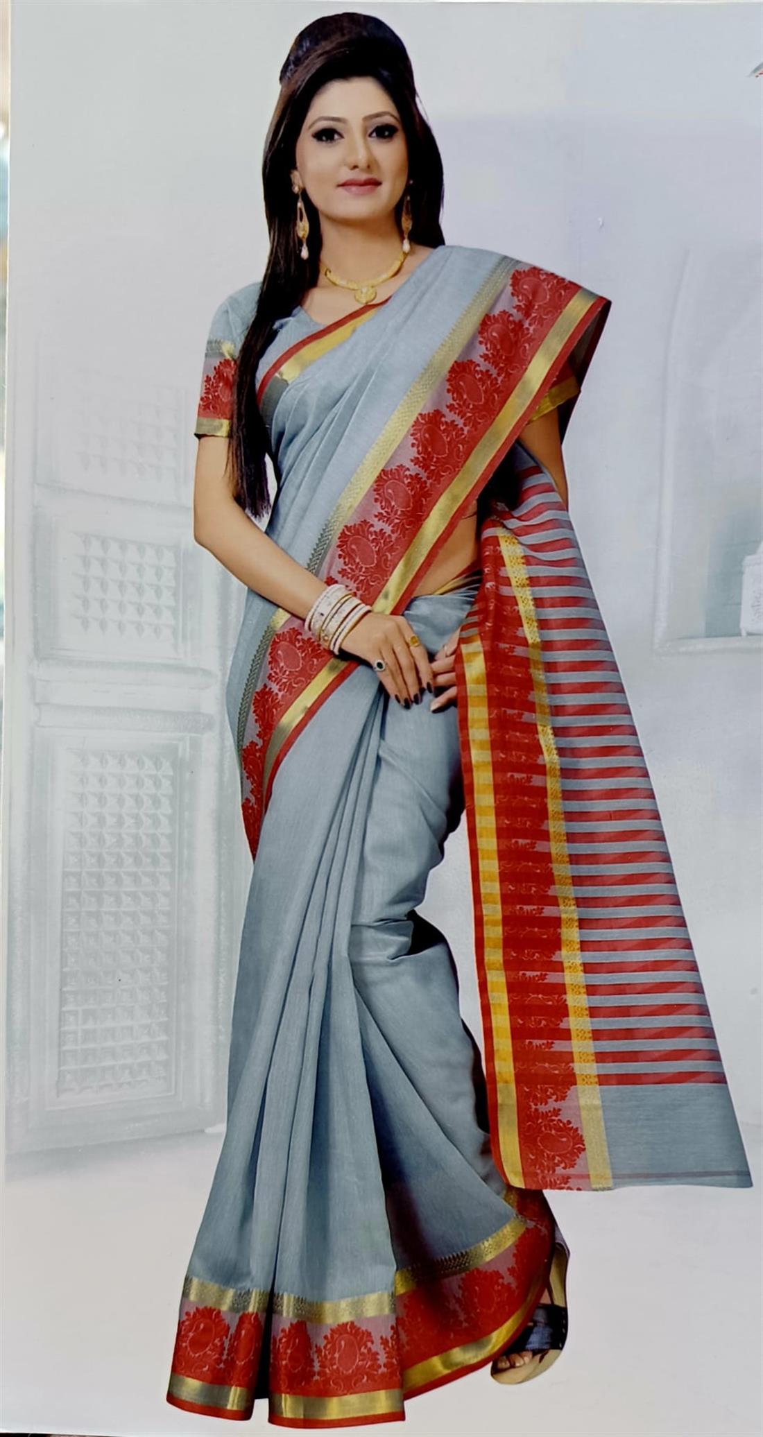 Grey & Red Cotton Sarees