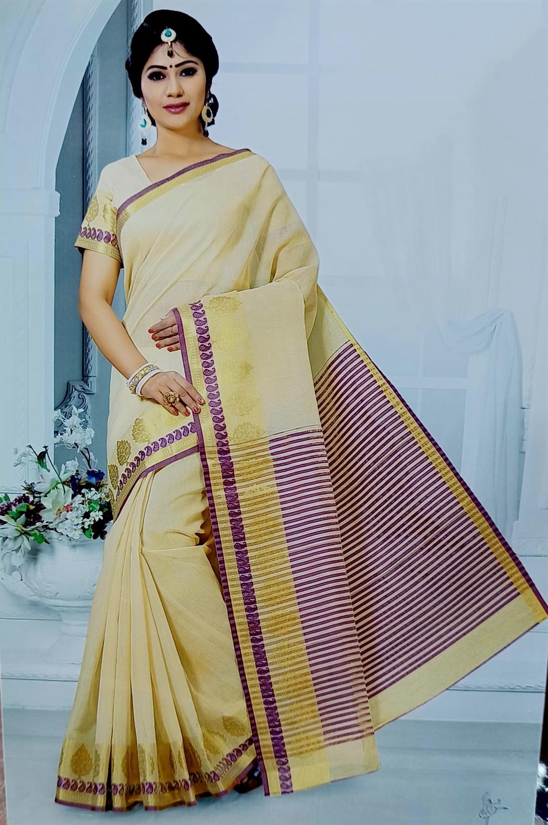 Cream & Purple Cotton Sarees