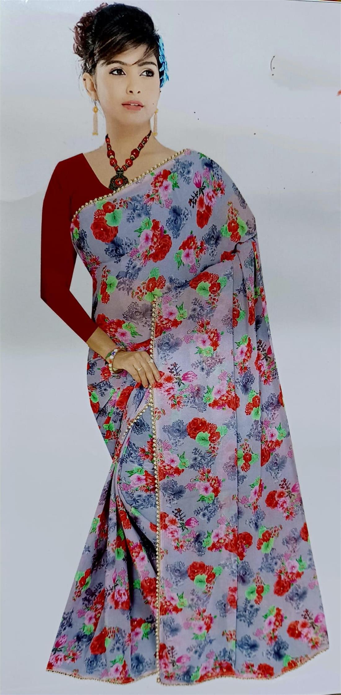 Grey & Maroon Georgette Sarees