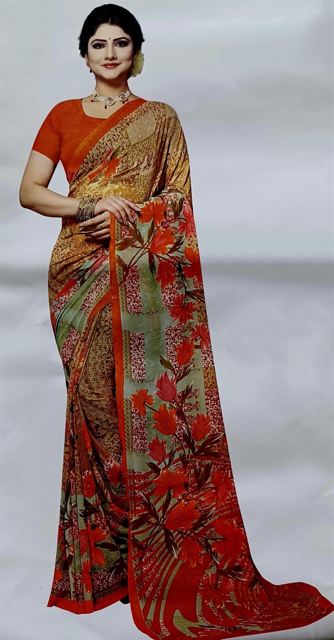 Orange Printed Georgette Sarees