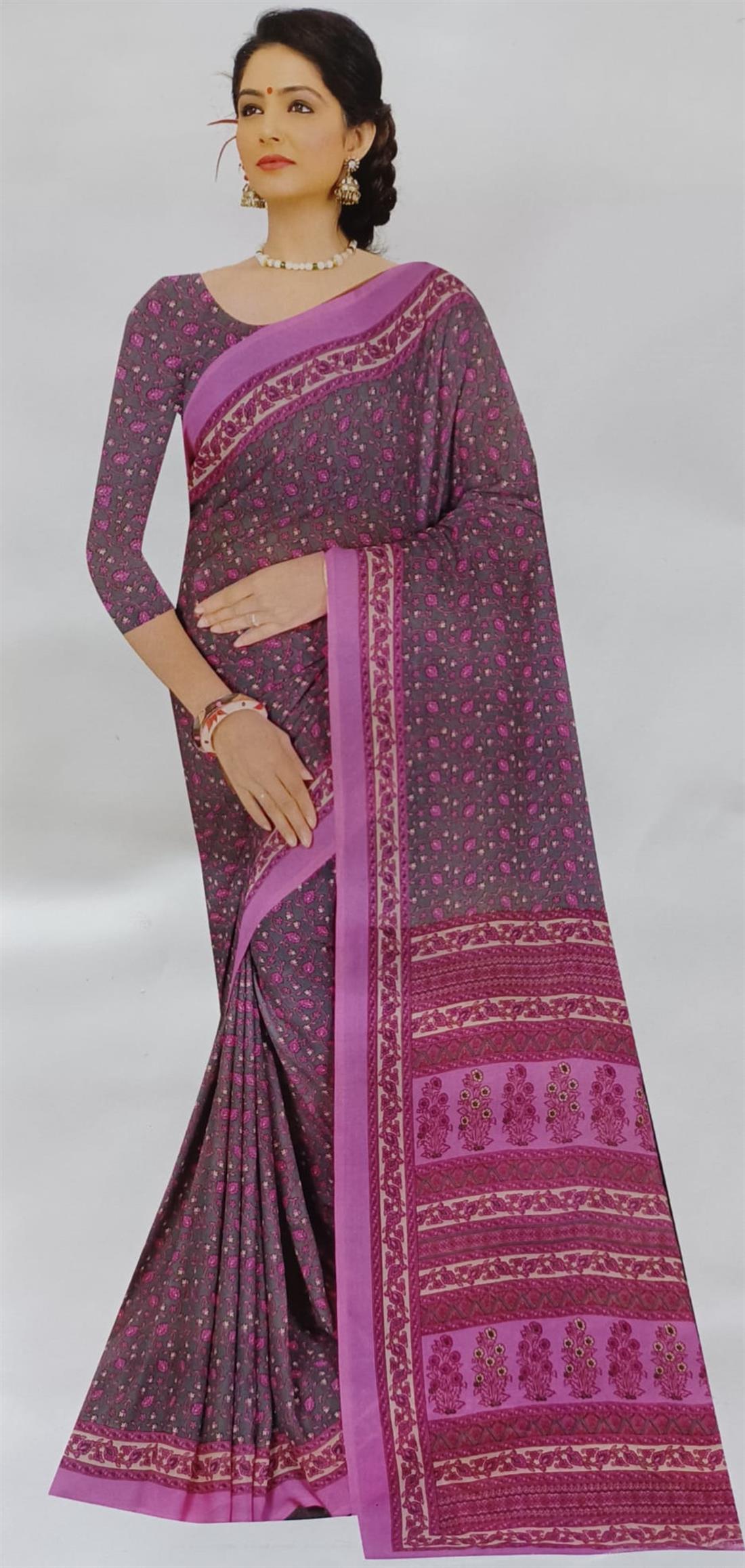 Grey & Pink Printed Georgette Sarees