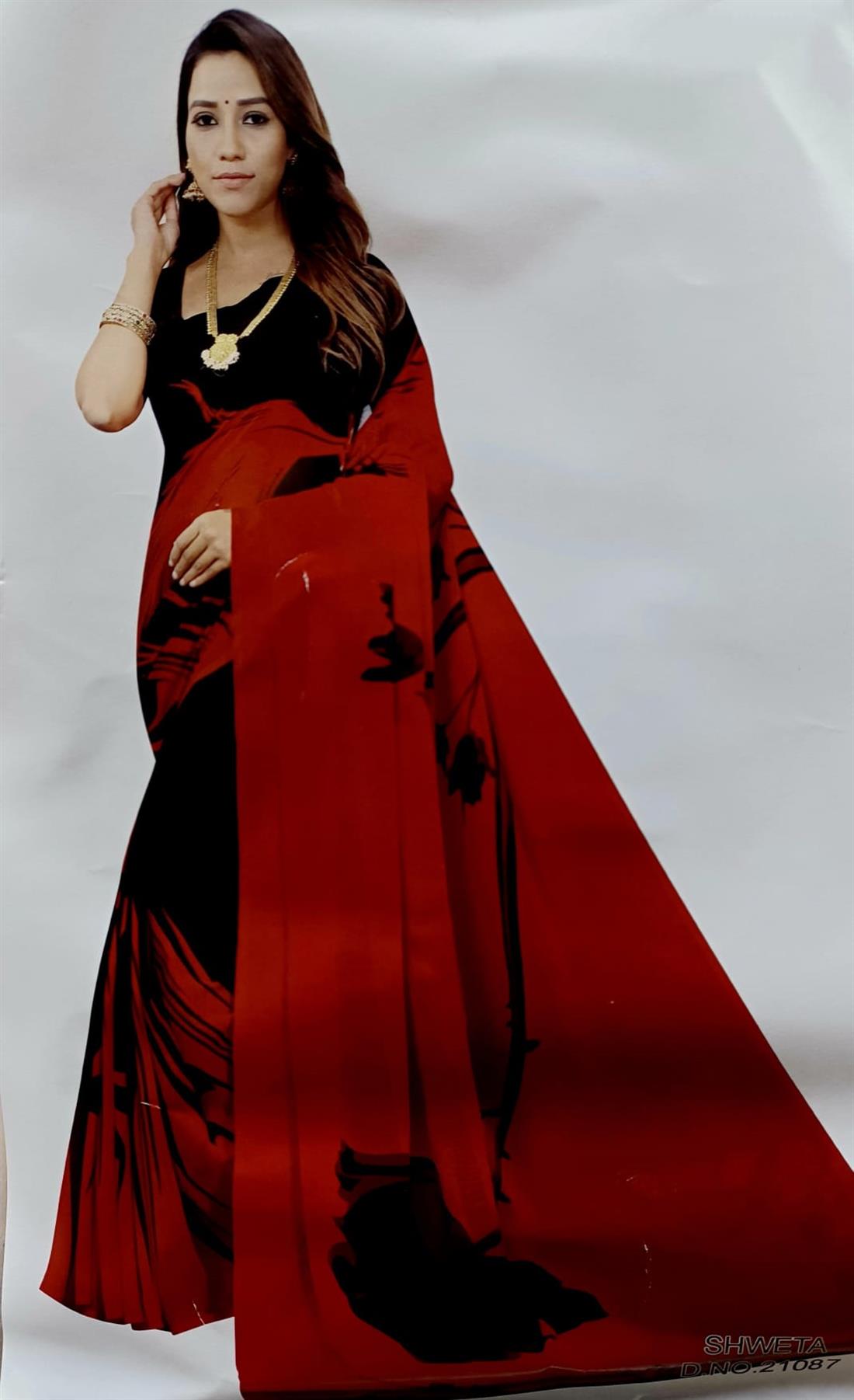 RED & Black Printed Georgette Sarees