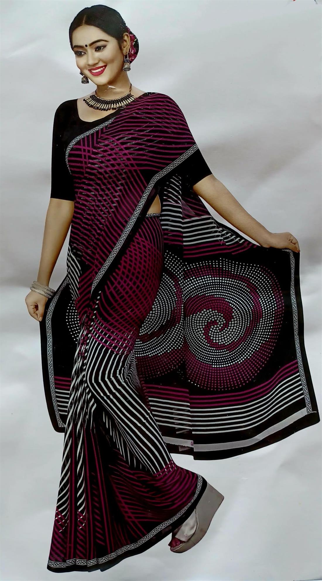 Black & Pink Georgette Printed Saree Withi Readymade Long Sleeve Blouse