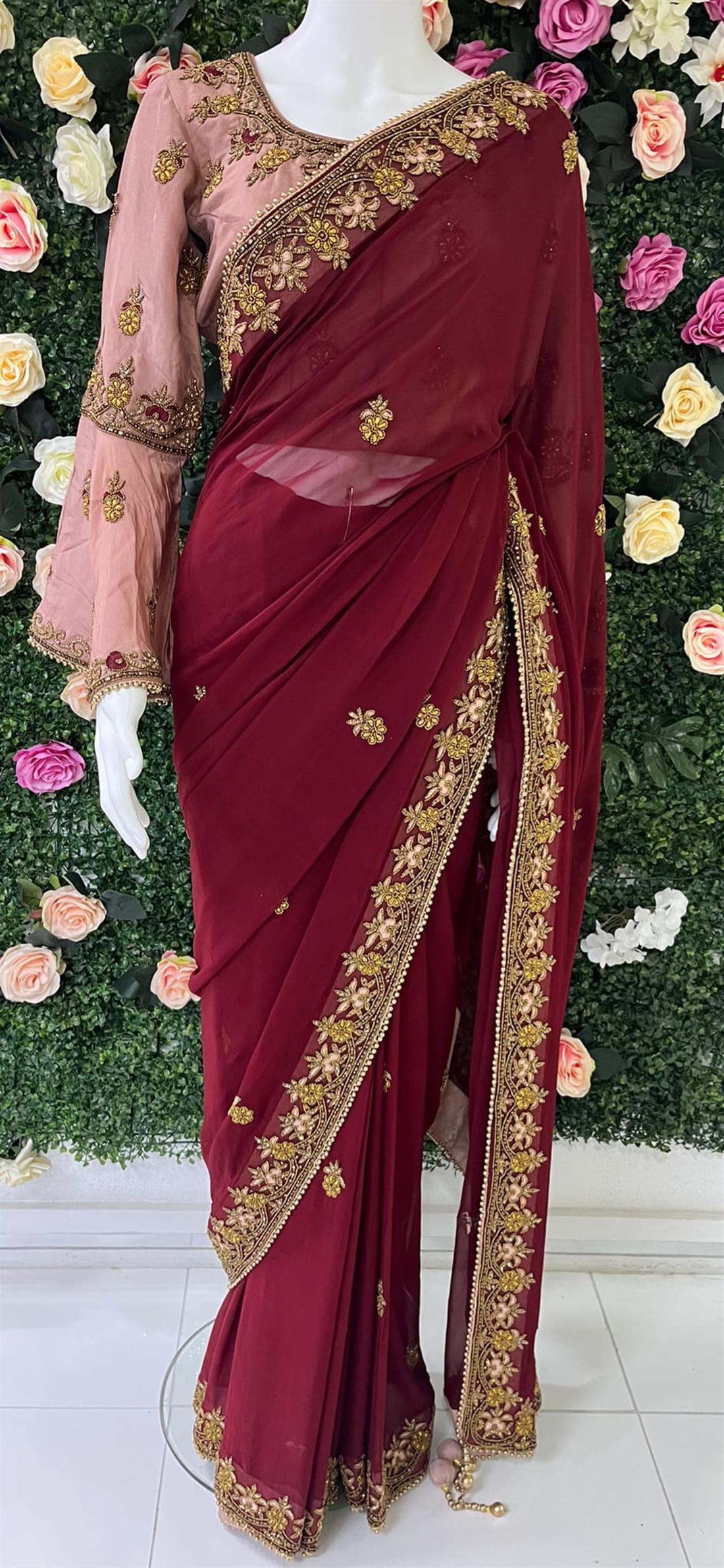Maroon & Pink Stone Work Georgette Sarees