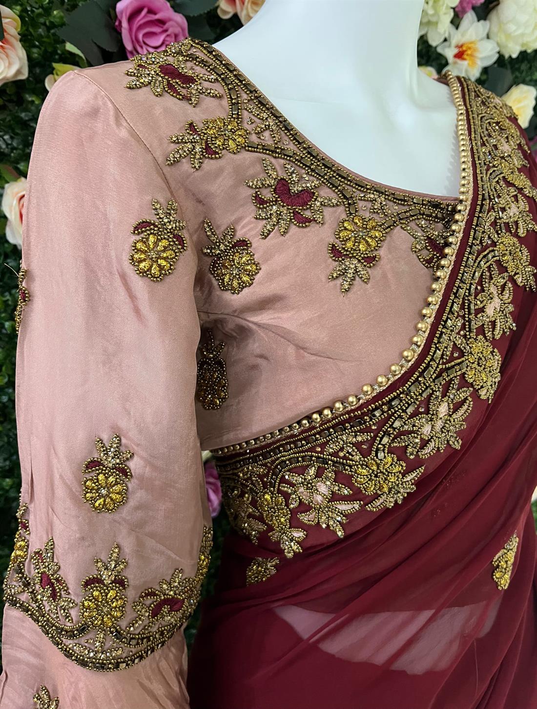 Maroon & Pink Stone Work Georgette Sarees