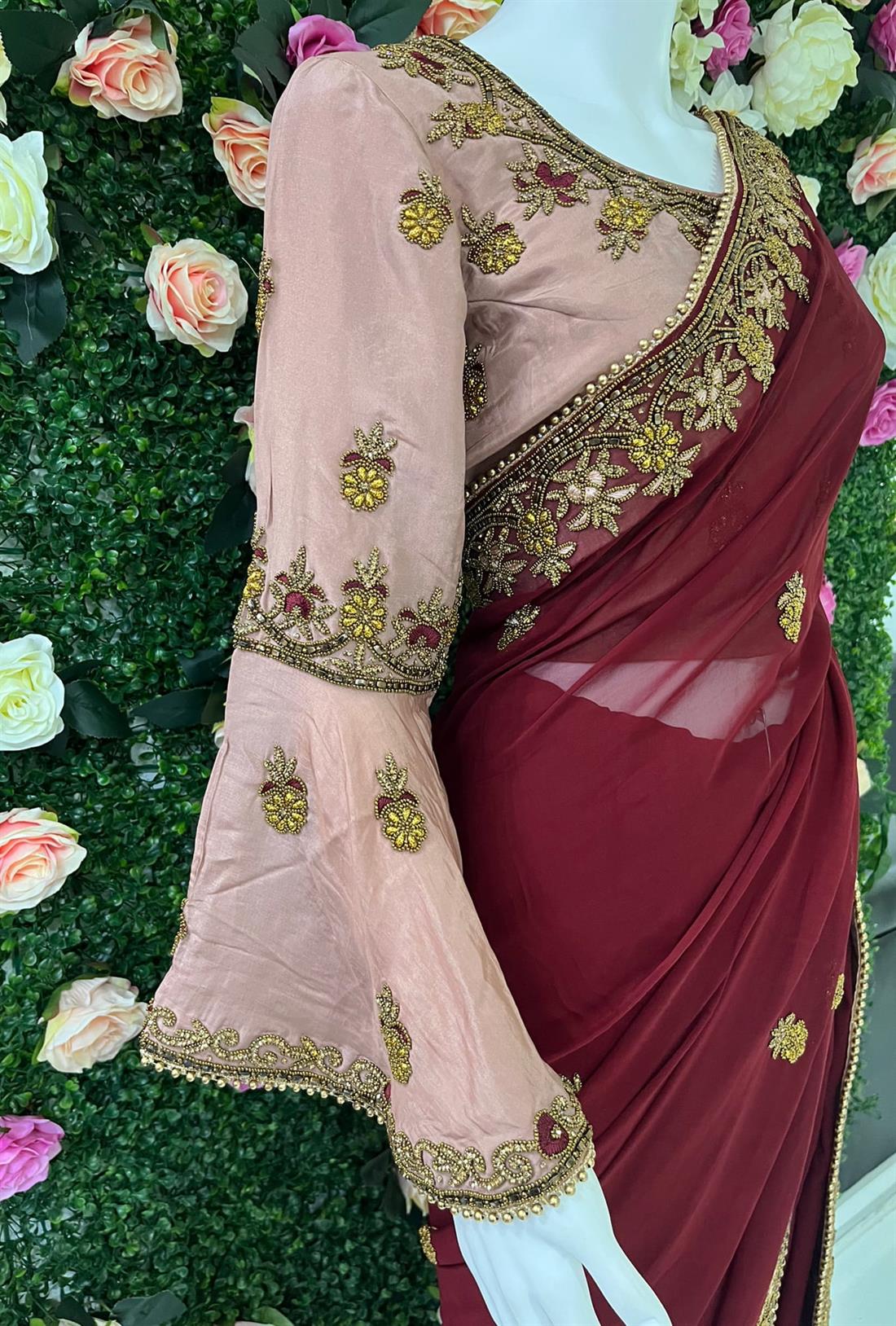Maroon & Pink Stone Work Georgette Sarees