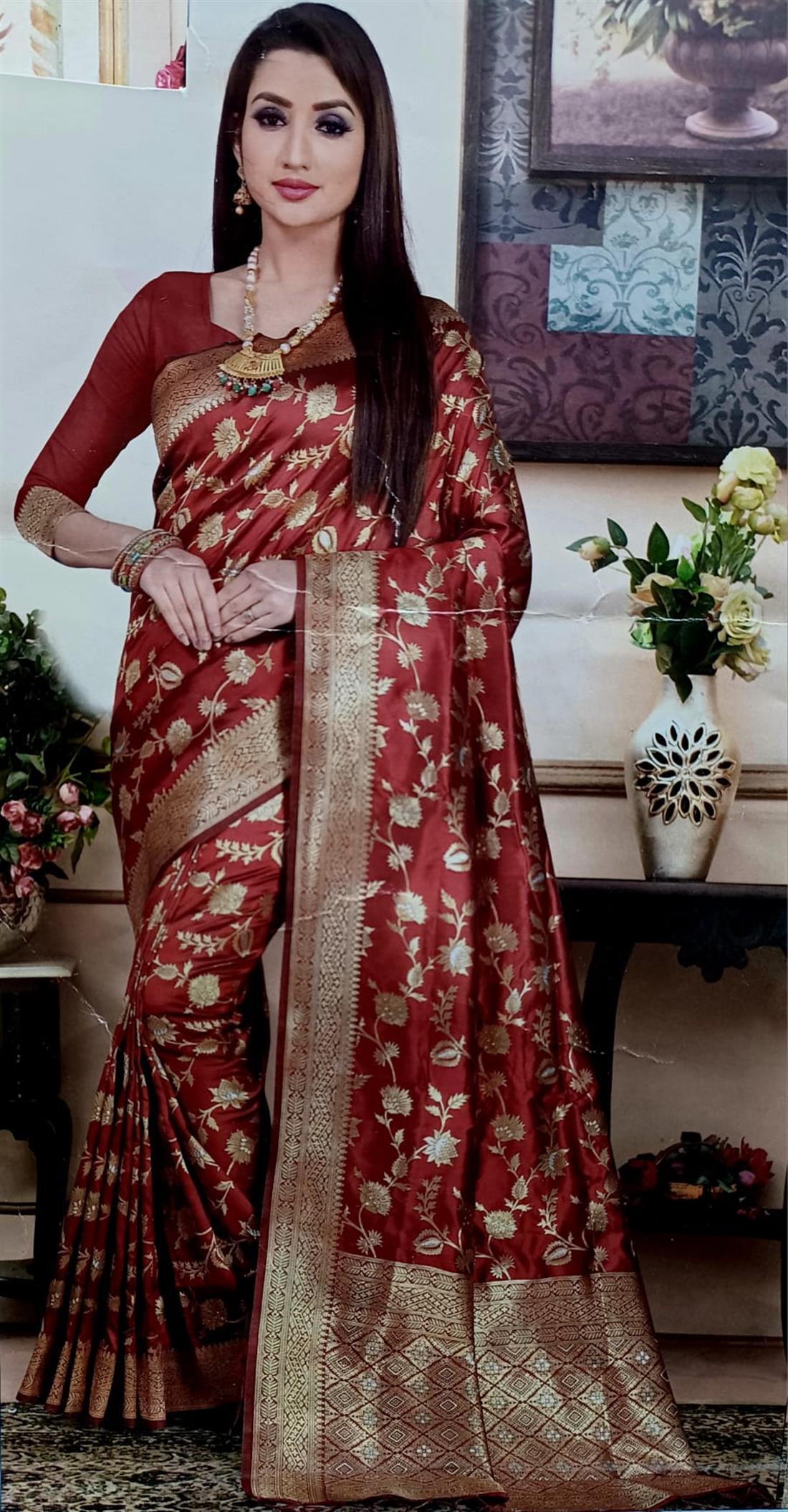Maroon Digital Print Silk Sarees