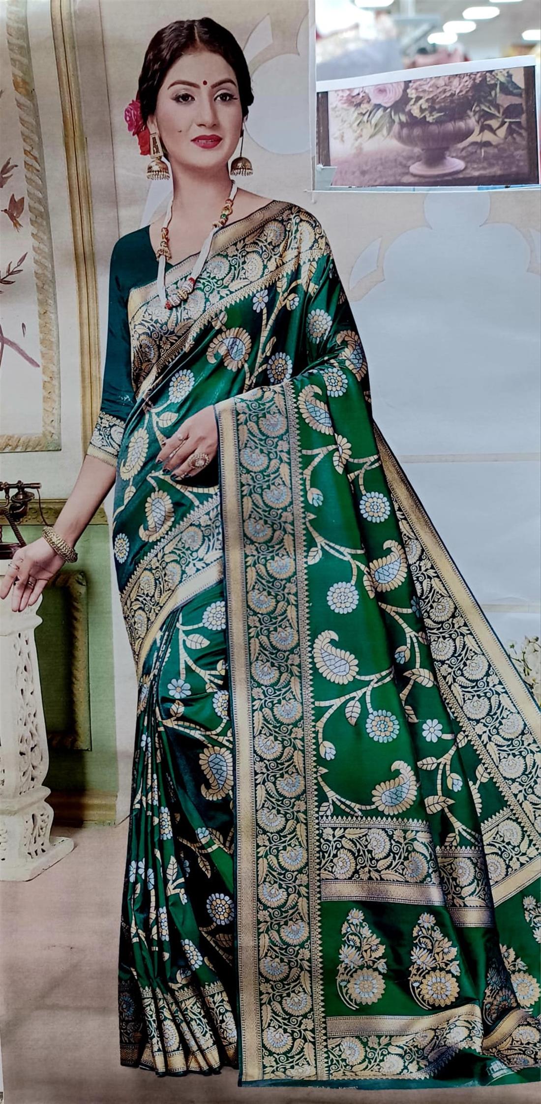 Green Malachi Kathan Silk Saree with Digital Printed Work