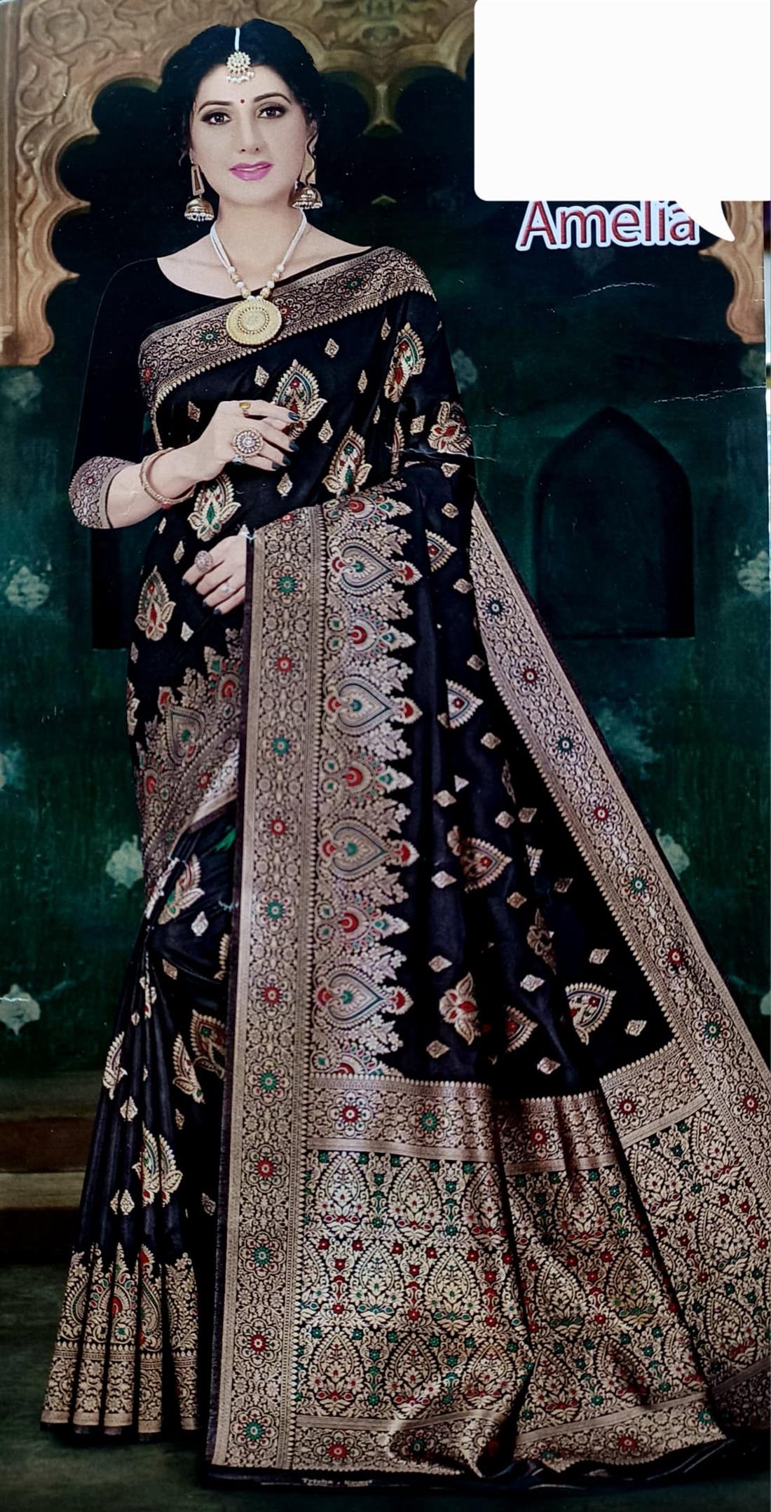 Black Gazara Kathan Silk Saree with Digital Printed Work