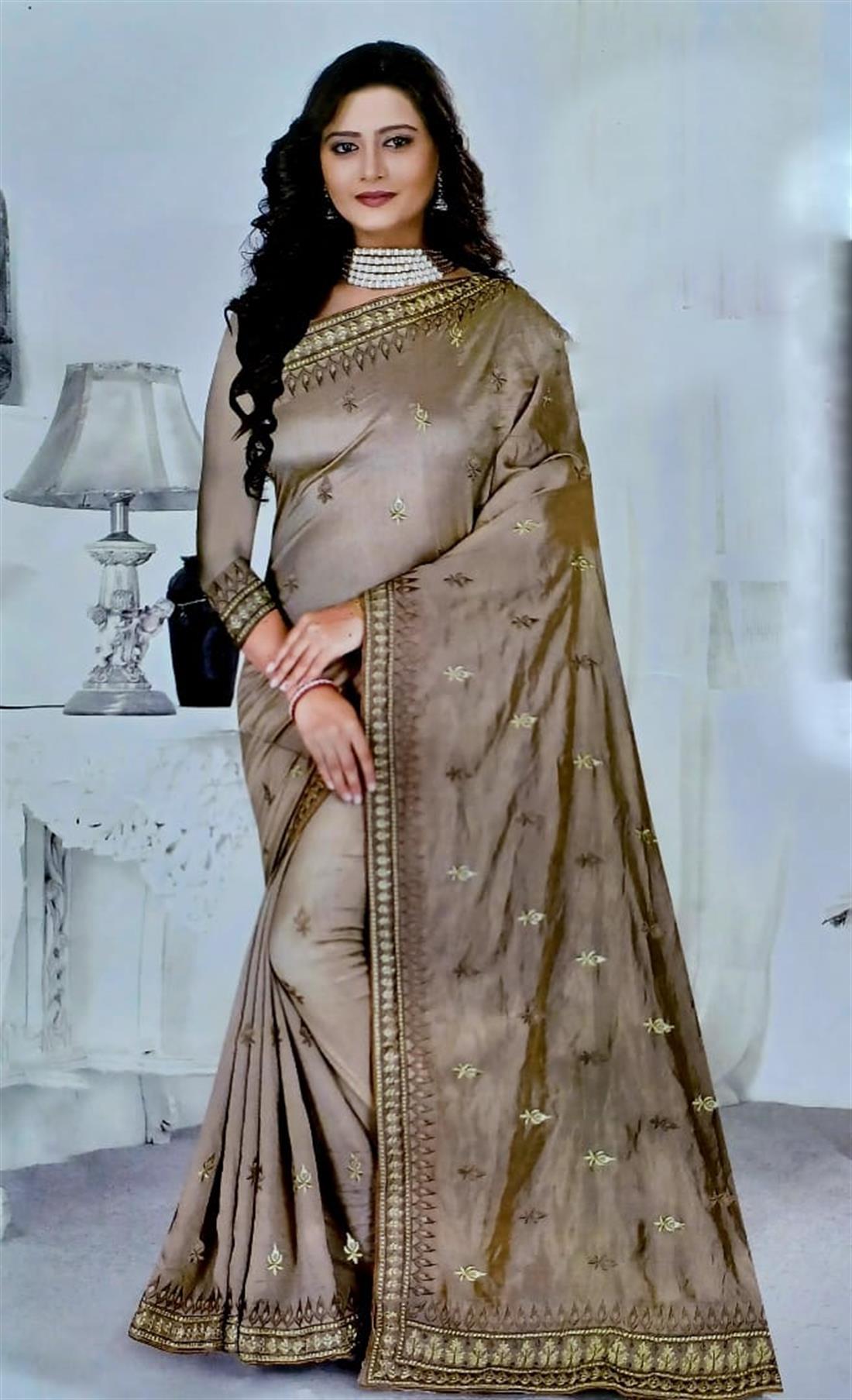 Light Brown Soft Raw Silk Saree with Thread Work
