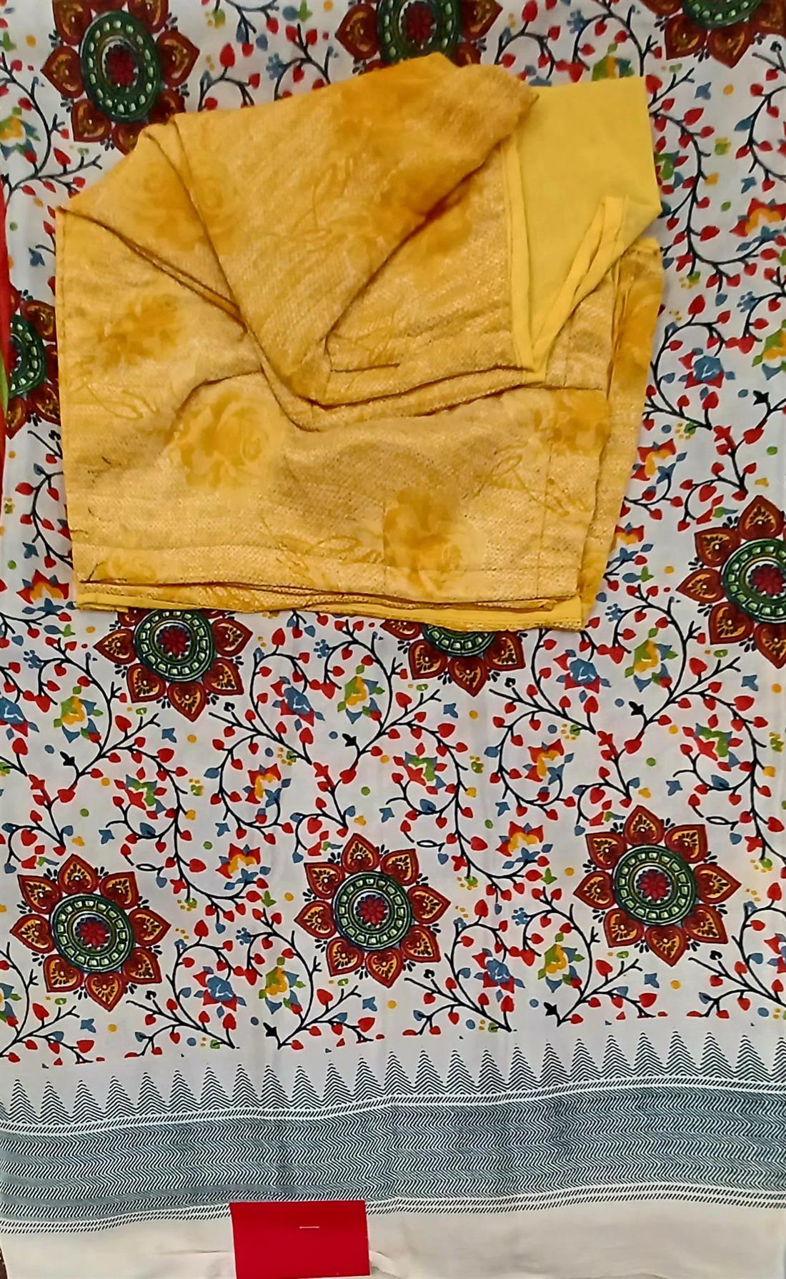 Beige & Yellow Digital Printed Silk Saree.