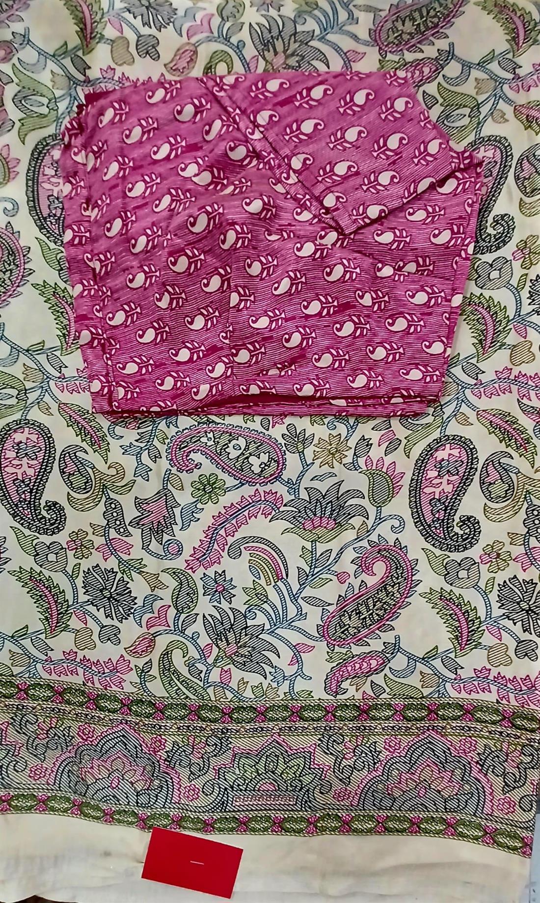 Beige & Pink Digital Printed Silk Saree.
