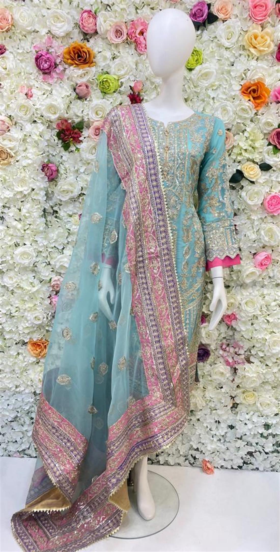 Light Blue Embroidered Chiffon Ladies Readymade