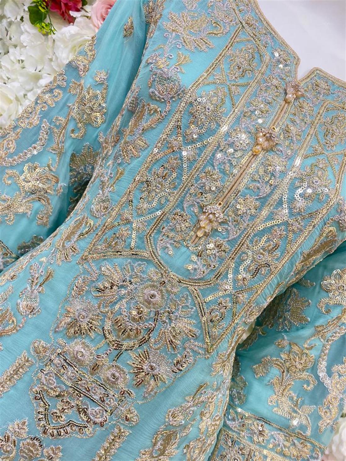 Light Blue Embroidered Chiffon Ladies Readymade