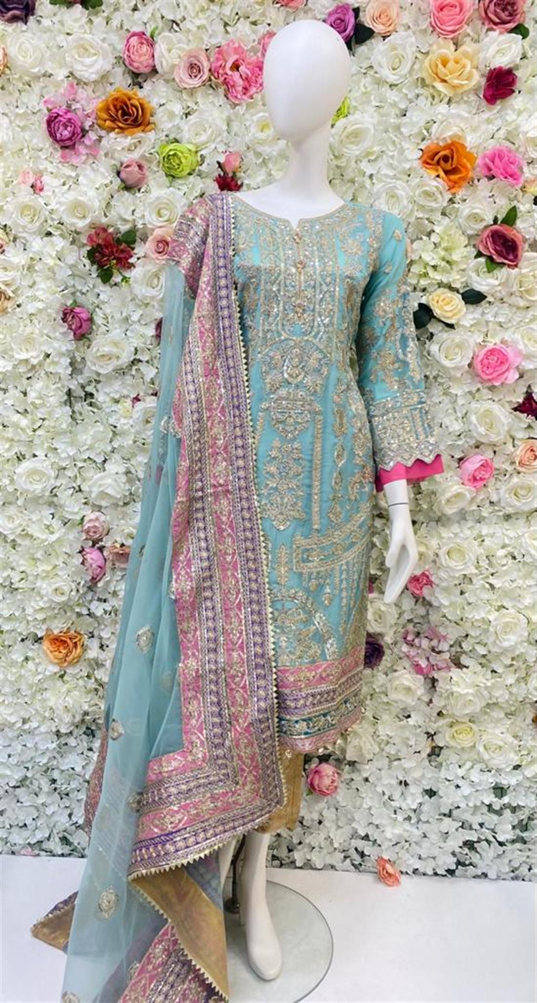 Light Blue Embroidered Chiffon Ladies Readymade