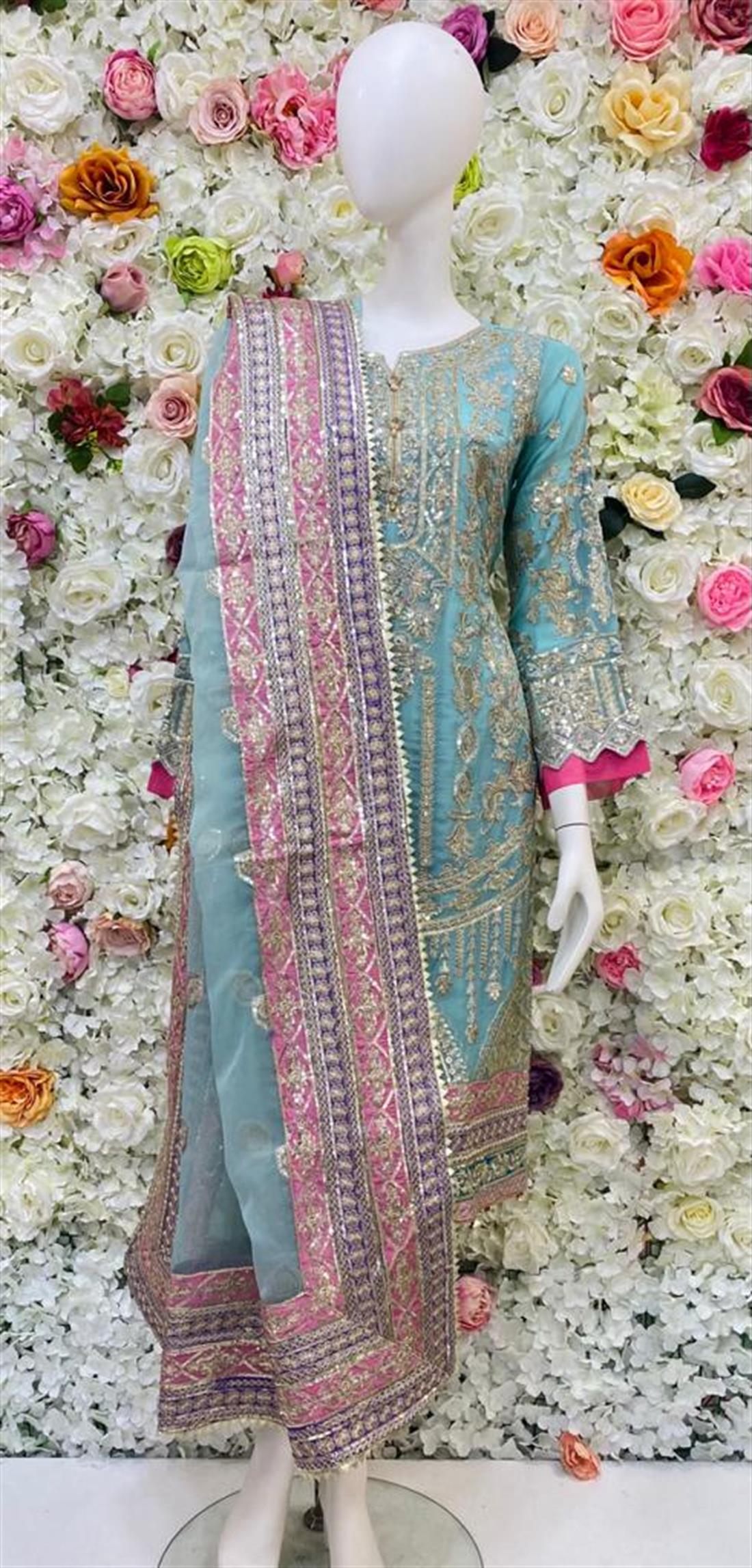 Light Blue Embroidered Chiffon Ladies Readymade
