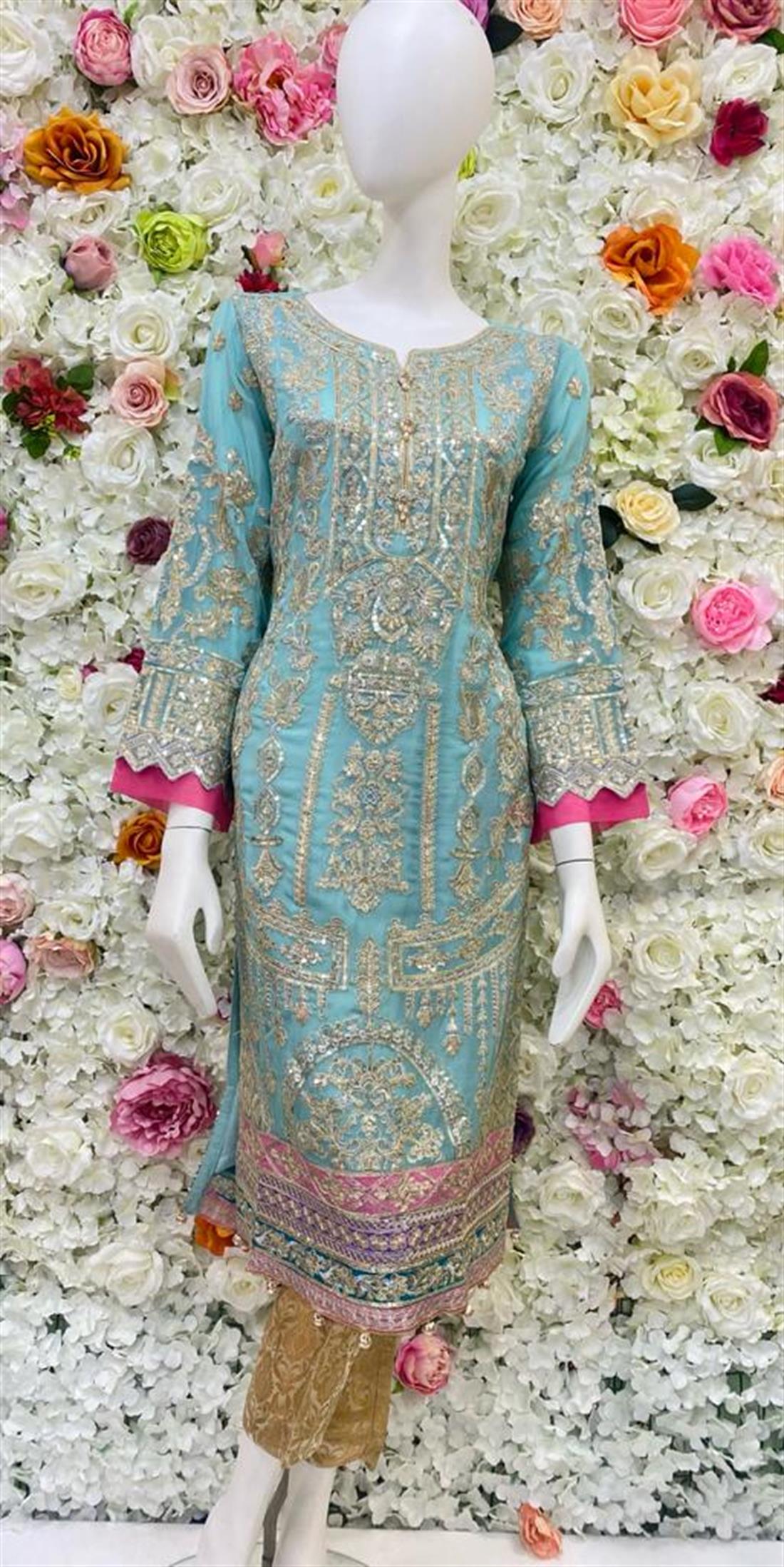 Light Blue Embroidered Chiffon Ladies Readymade