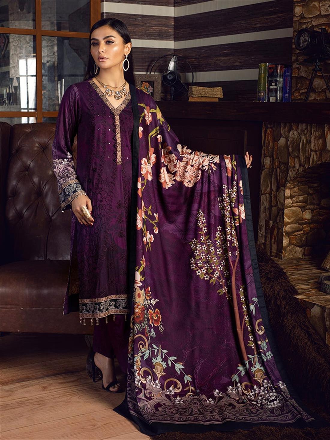 Deep Purple Embroidered Linen Ladies Readymade