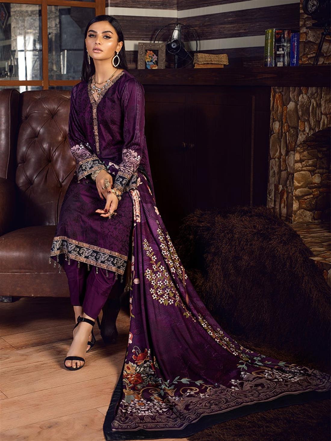 Deep Purple Embroidered Linen Ladies Readymade