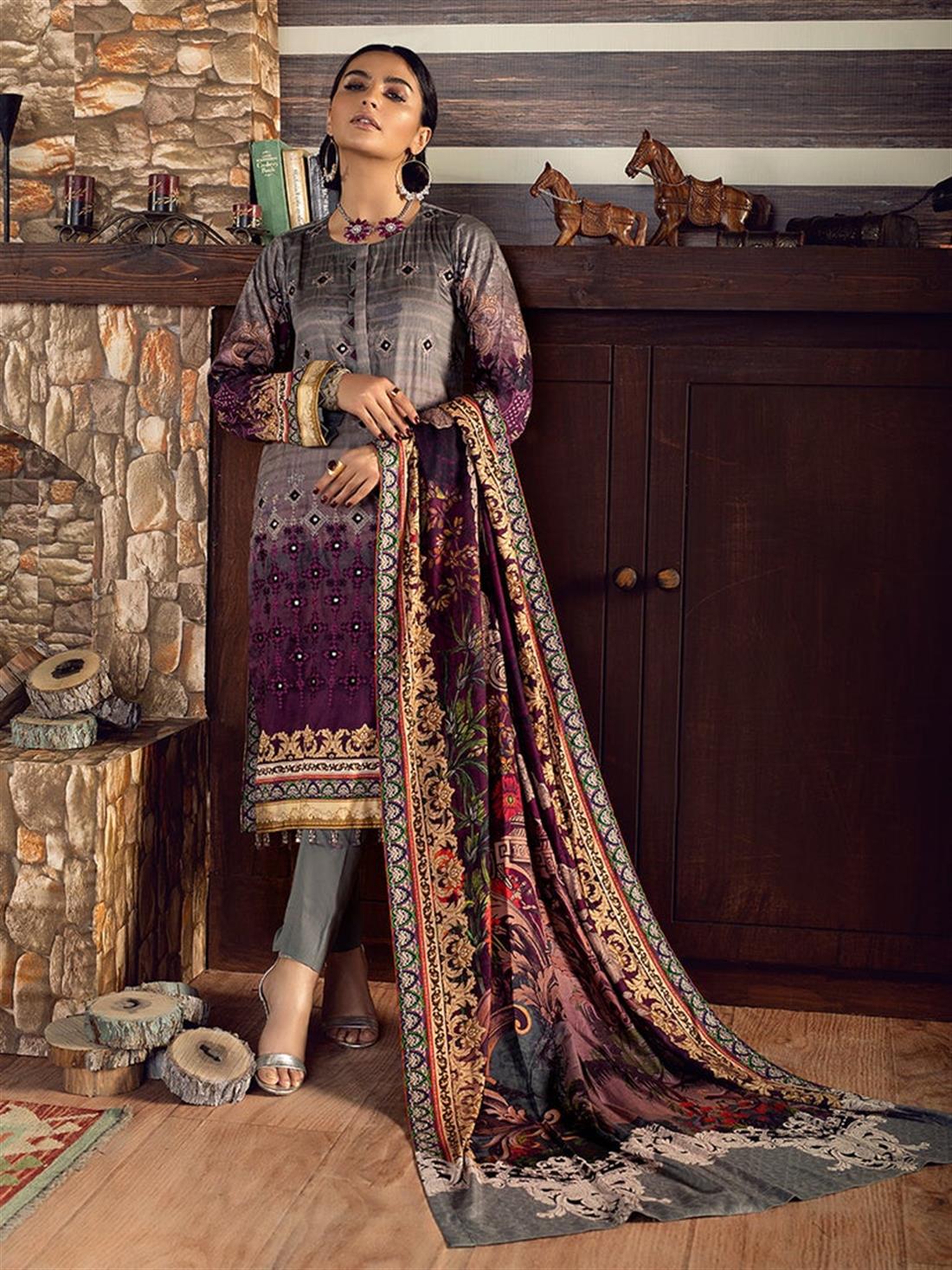 Grey & Purple Embroidered Linen Ladies Readymade