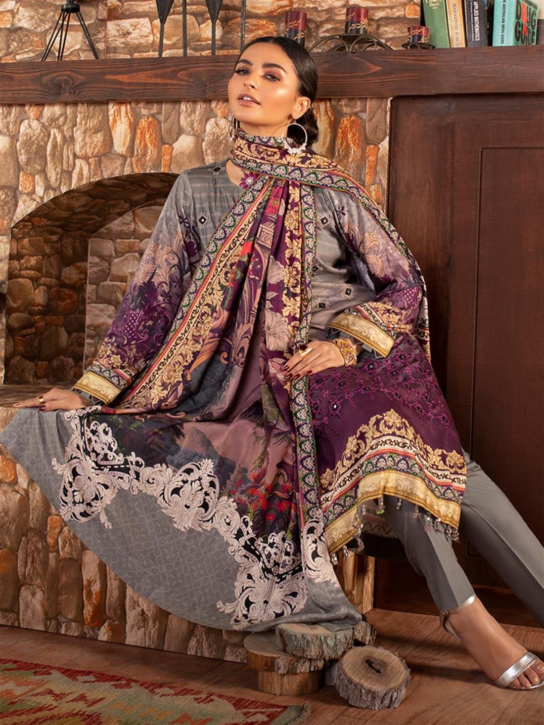 Grey & Purple Embroidered Linen Ladies Readymade