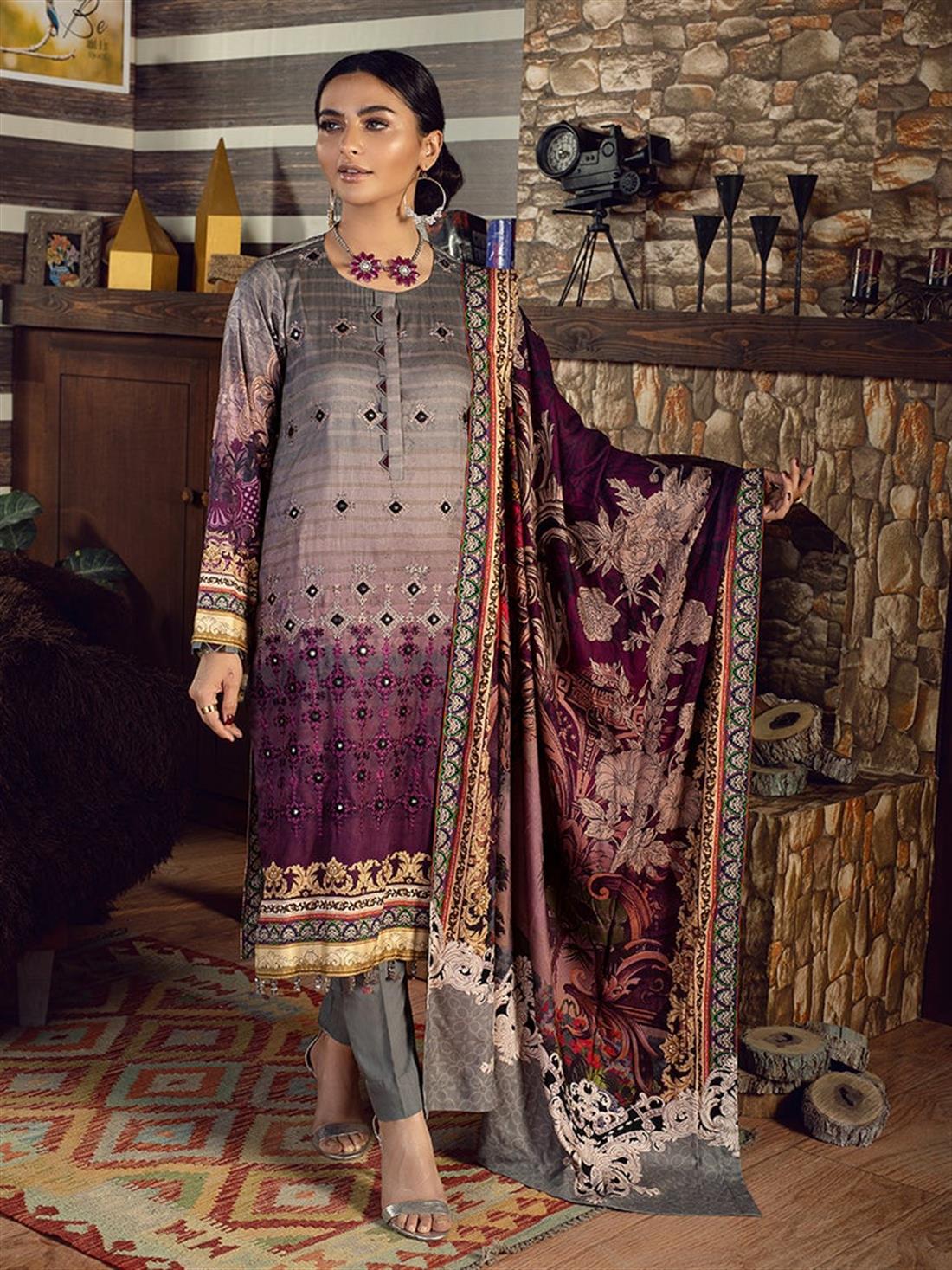 Grey & Purple Embroidered Linen Ladies Readymade