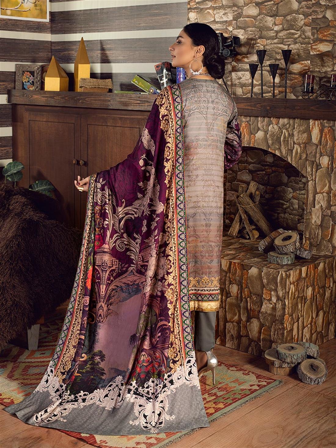 Grey & Purple Embroidered Linen Ladies Readymade