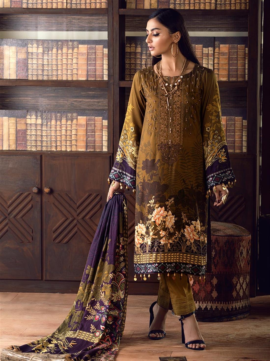 Mehndi Green Embroidered Linen Ladies Readymade