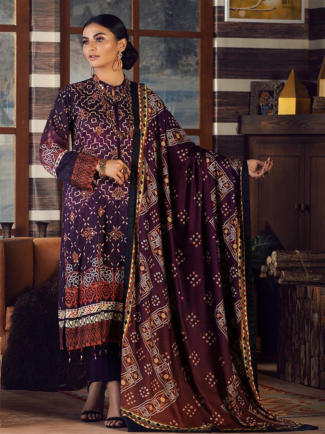 Purple & Multicolour Linen Purple/Multicolour 3 Piece Printed Embroidered Salwar Suit