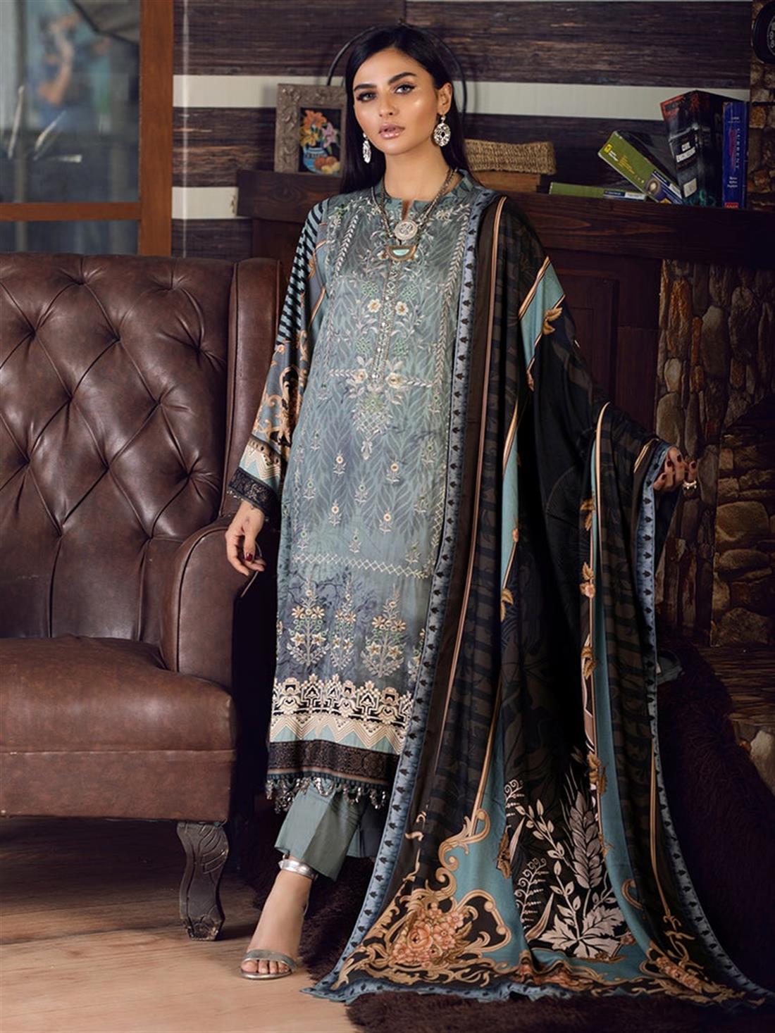 Sea Green Embroidered Linen Ladies Readymade