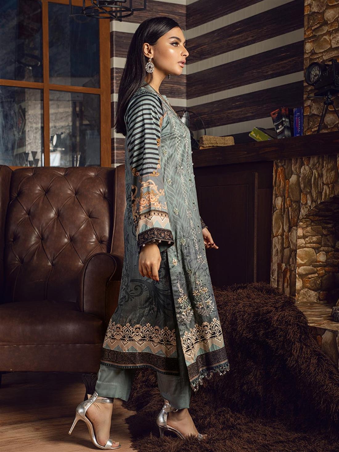 Sea Green Embroidered Linen Ladies Readymade