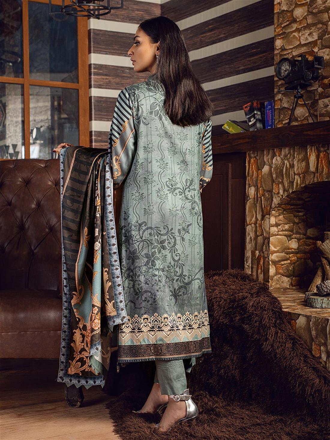 Sea Green Embroidered Linen Ladies Readymade