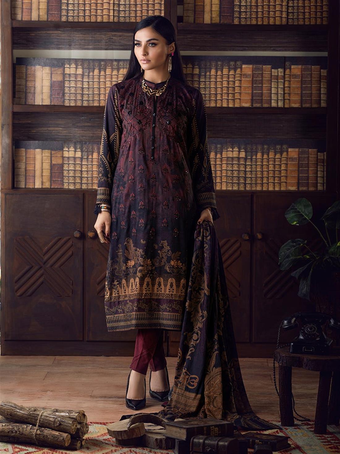 Maroon & Black Embroidered Linen Ladies Readymade
