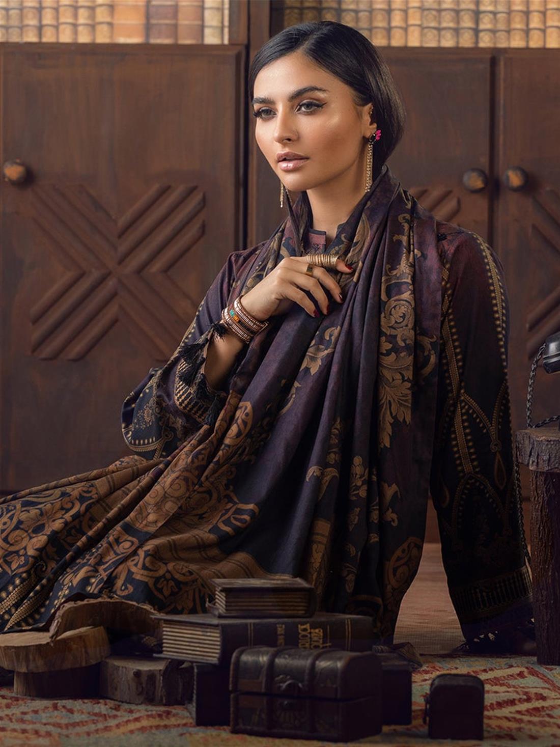 Maroon & Black Embroidered Linen Ladies Readymade