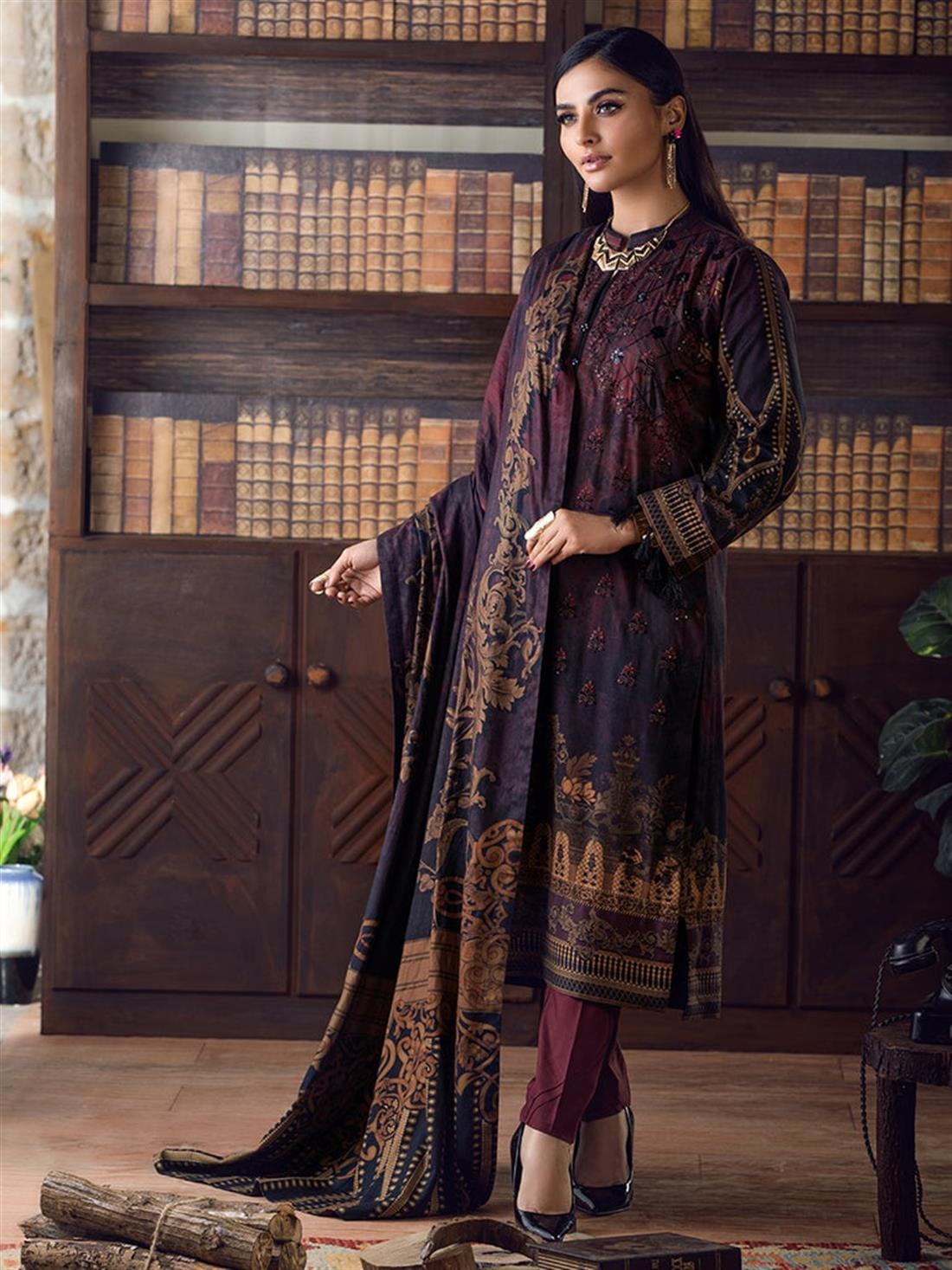 Maroon & Black Embroidered Linen Ladies Readymade