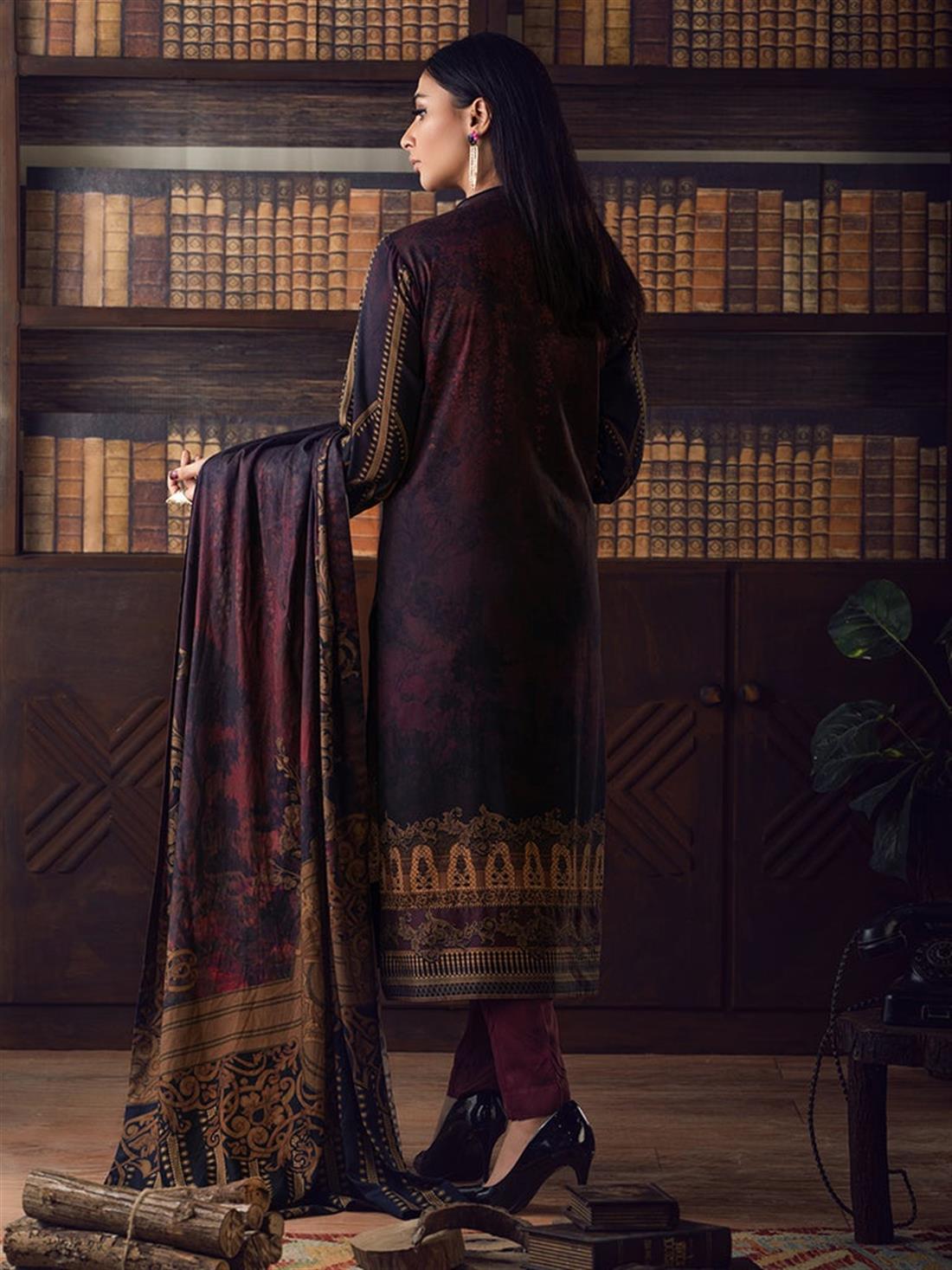 Maroon & Black Embroidered Linen Ladies Readymade