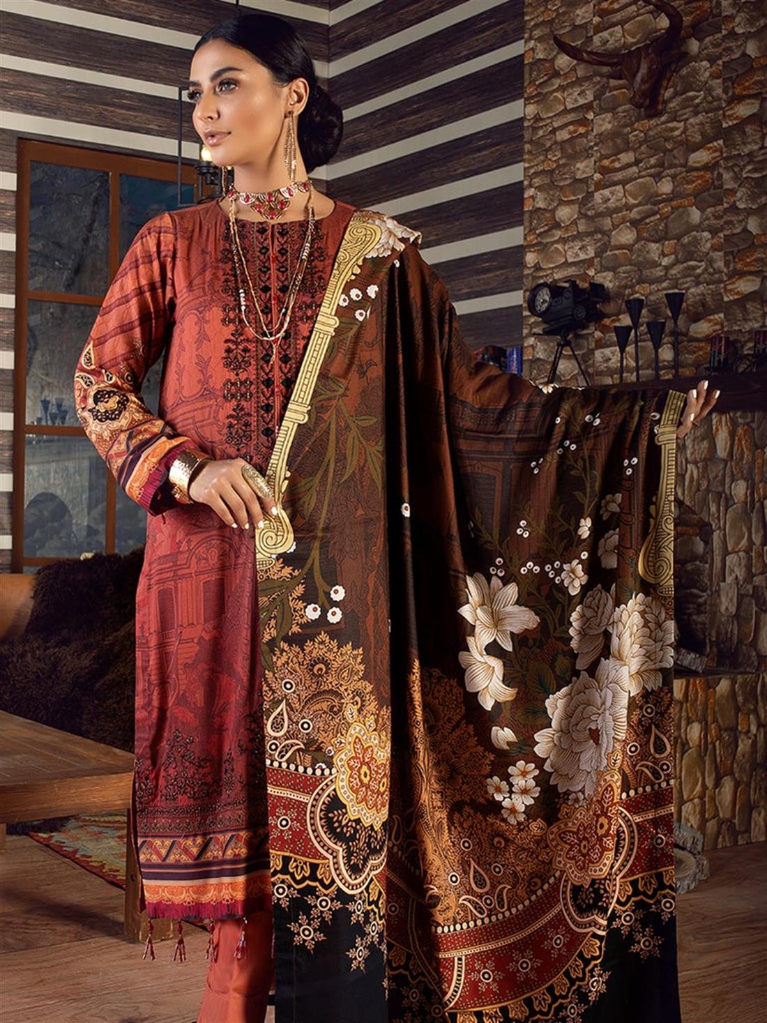 Burnt Orange Embroidered Linen Ladies Readymade