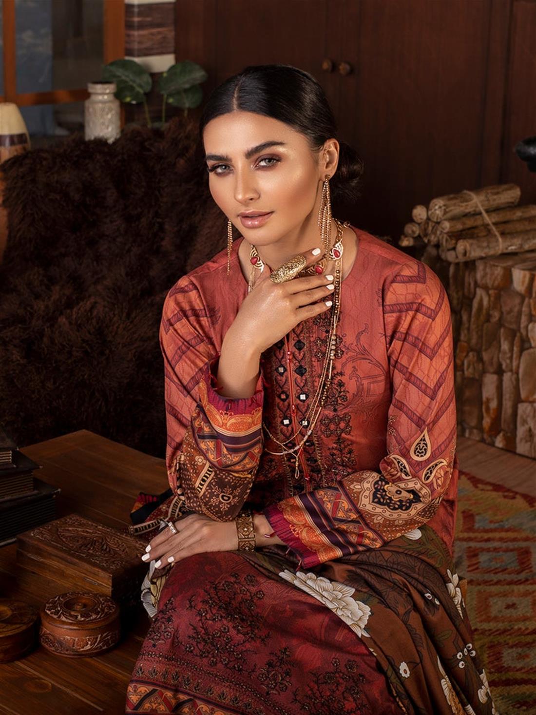 Burnt Orange Embroidered Linen Ladies Readymade